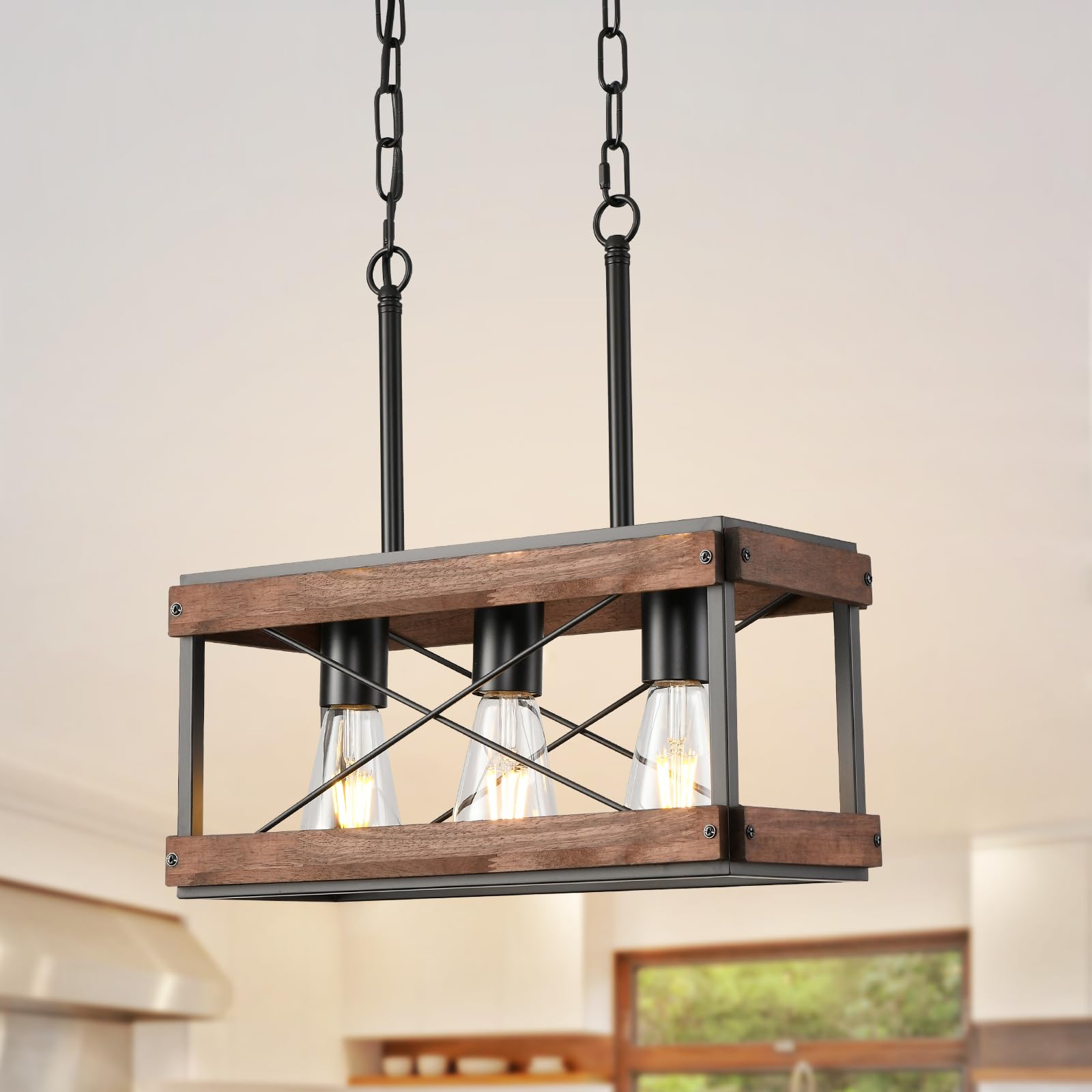Hoxiya Farmhouse Kitchen Island Light  3 Lights Pendant Lighting Fixture  Rustic Wood Chandelier  Adjustable Height Metal Linear Light For Dining Room Kitchen Bar Pool Table.