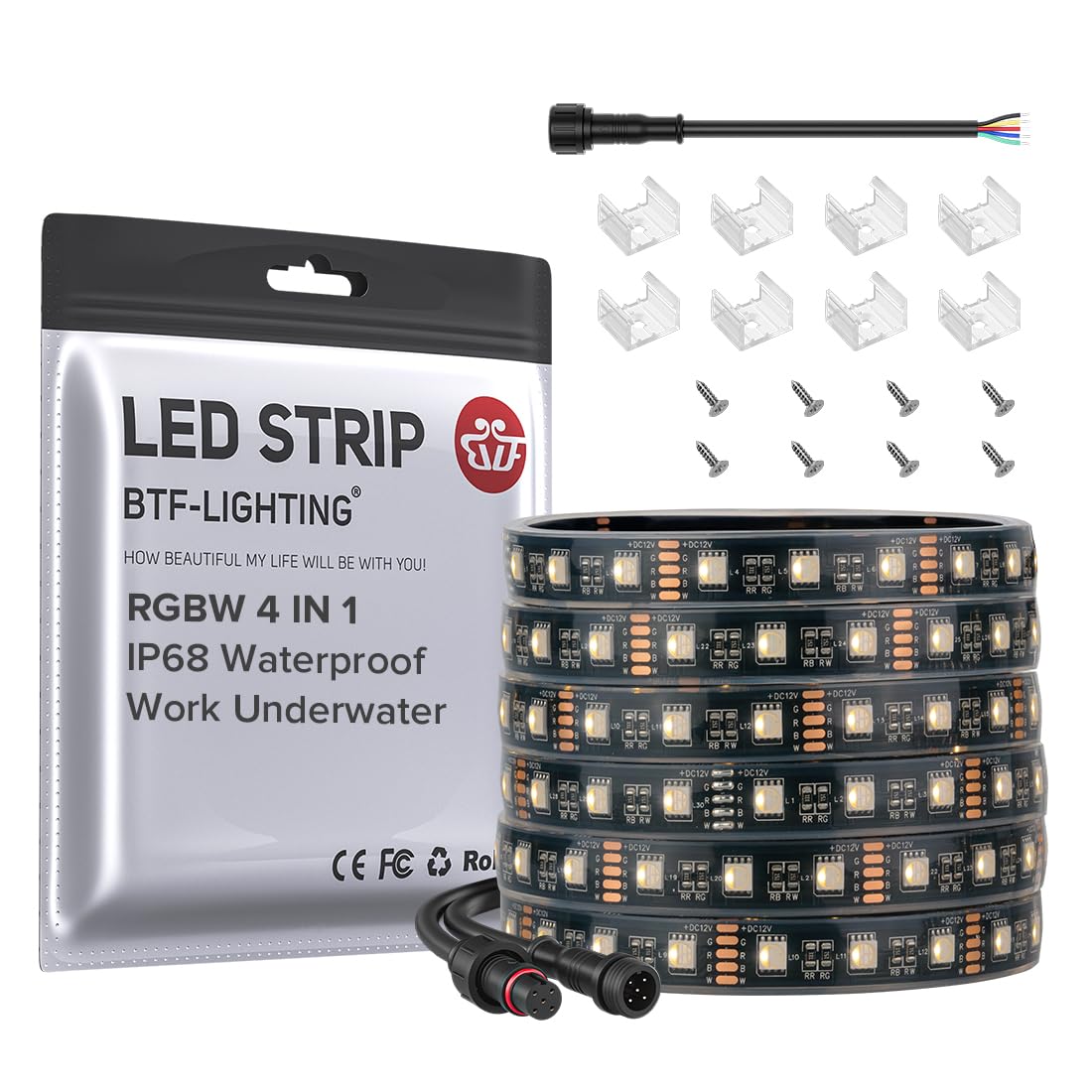 BTF-LIGHTING IP68 Waterproof Outdoor RGBW LED Strip 5050SMD RGB+Warm White(3000K-3500K) 4 Colors in 1 DC12V 16.4ft 5m 60LED/m Mu