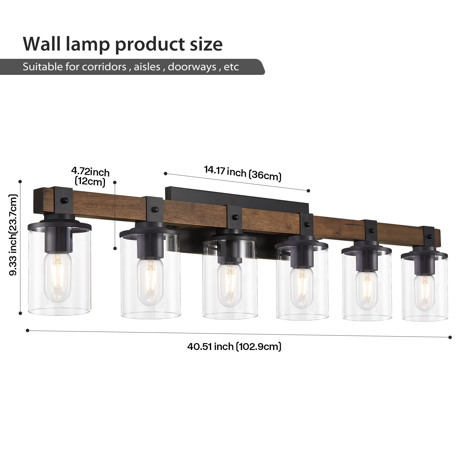DADUL 6-Light Bathroom Vanity Light, Antique Wood & Metal, Clear Glass Shades, Model GT-B01-100-06-LPA
