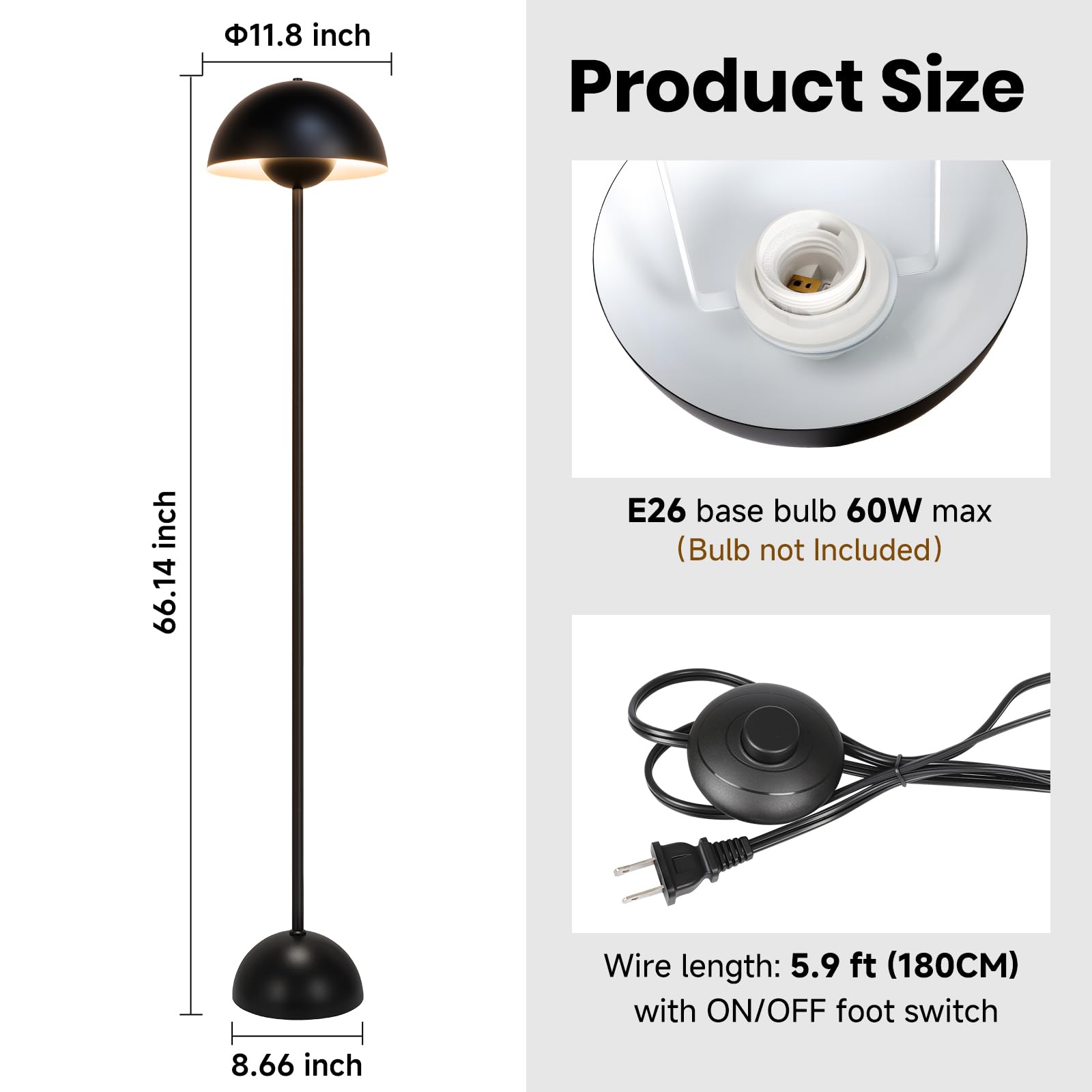 Coucrek Black Floor Lamp - 66in  Industrial Standing Lamp, Metal Shade & Base, Retro Design, Model F140