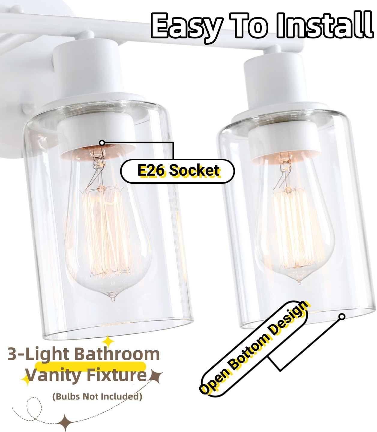 WISBEAM 3-Light Bathroom Vanity Wall Light, Glass Shade, E26 Base, White, Model WS-VNT004