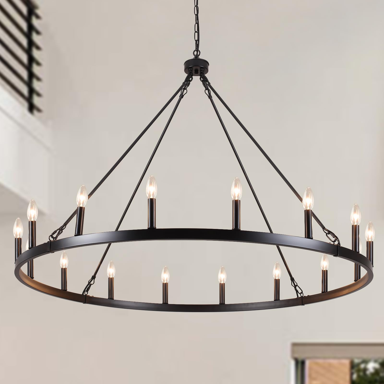 16-Lights Wagon Wheel Chandelier Farmhouse Chandelier 47 Inch Black Chandeliers For Living Room Large Chandeliers For High Ceilings Outdoor Chandelier Round Chandeliers For Dining Room Entryway Foyer