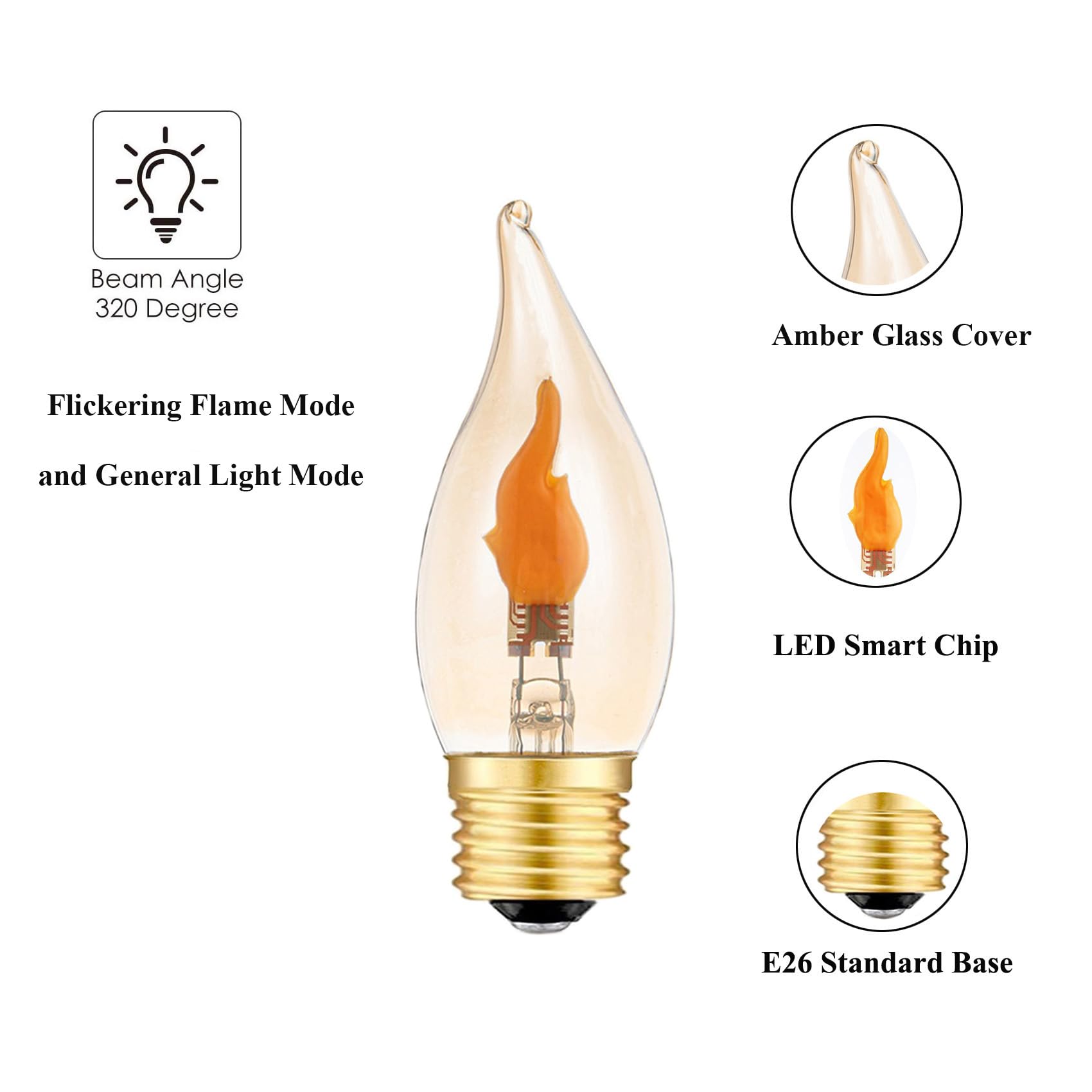 Sunaiony Flickering Flame Bulb E26 LED Fire Effect Light, Amber Glass, 2 Pack - Perfect for Halloween & Holiday Decorations