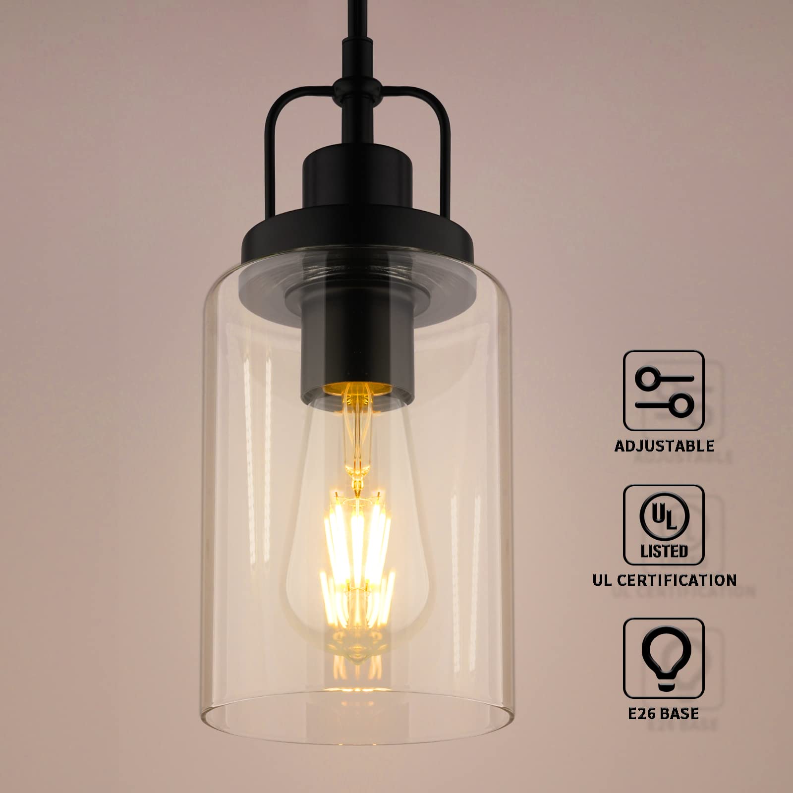 Seable Pendant Light Kitchen Island Black, Modern Pendant Light Fixture Clear Glass Cylinder Hanging Light For Kitchen Decor Din