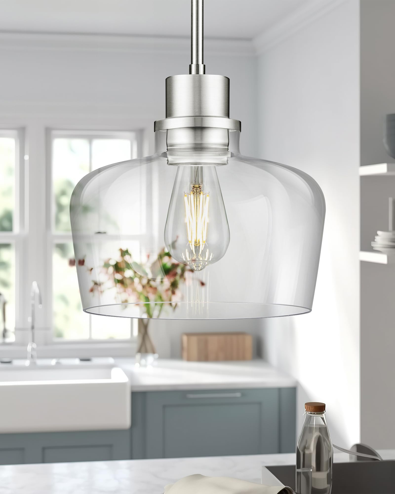 Emak 10 Inch Brushed Nickel Pendant Light, Modern Large Pendant Lights Kitchen Island, Hanging Lights With Clear Glass Shade For