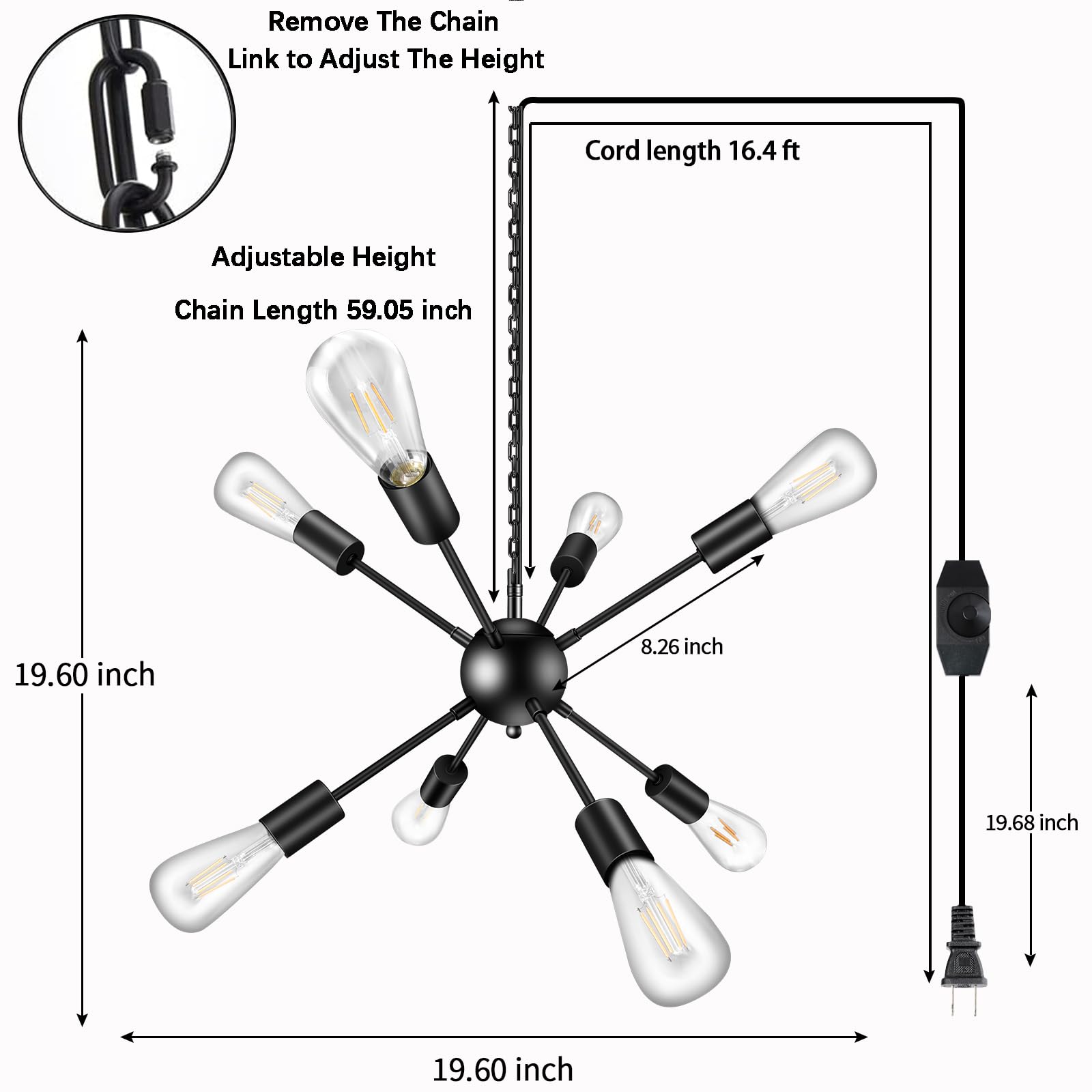 Jacklove Dimmable Plug In Chandelier, 8-Light Black Metal Ceiling Hanging Lights With 16.4Ft Long Cord On/Off Switch, Mid-Centur
