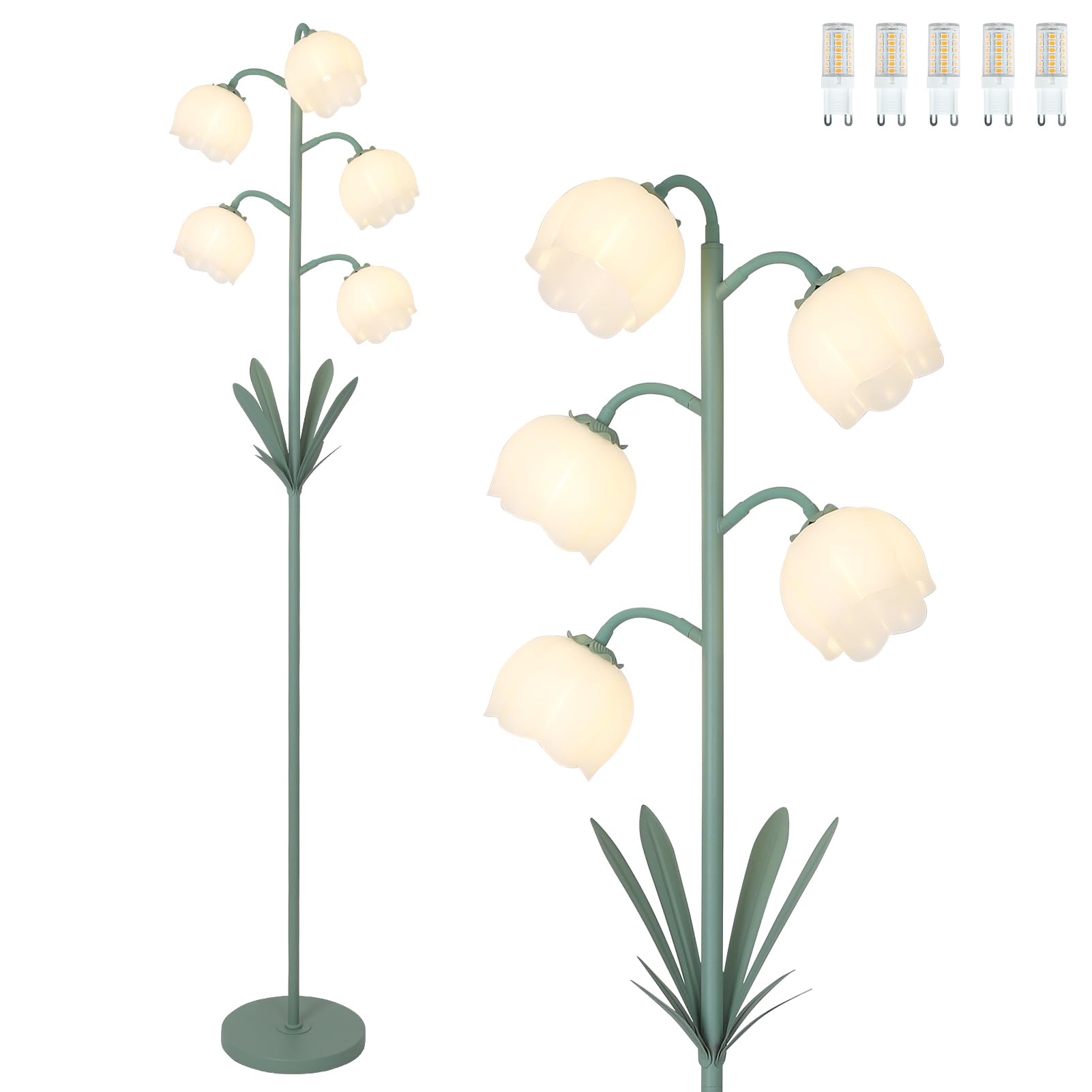 Artmooy 5-Lights Flower Floor Lamp with LED Blubs, Green Modern Floor Lamps for Living Room, Adjustable Standing Lamps for Bedro