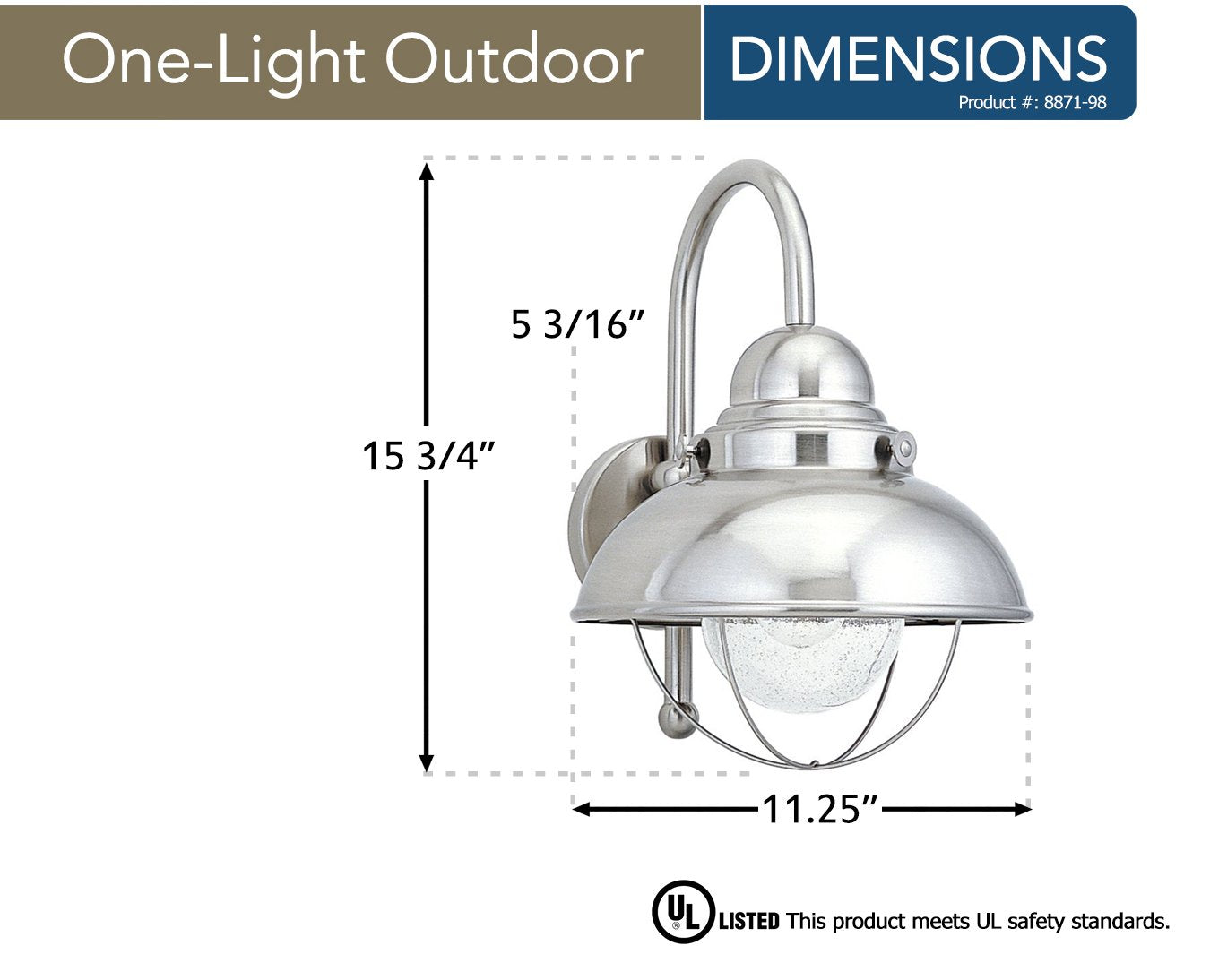 Sea Gull Lighting 8871-98 Sebring One-Light Outdoor Wall Lantern With Clear Seeded Glass Diffuser, Brushed Stainless Finish
