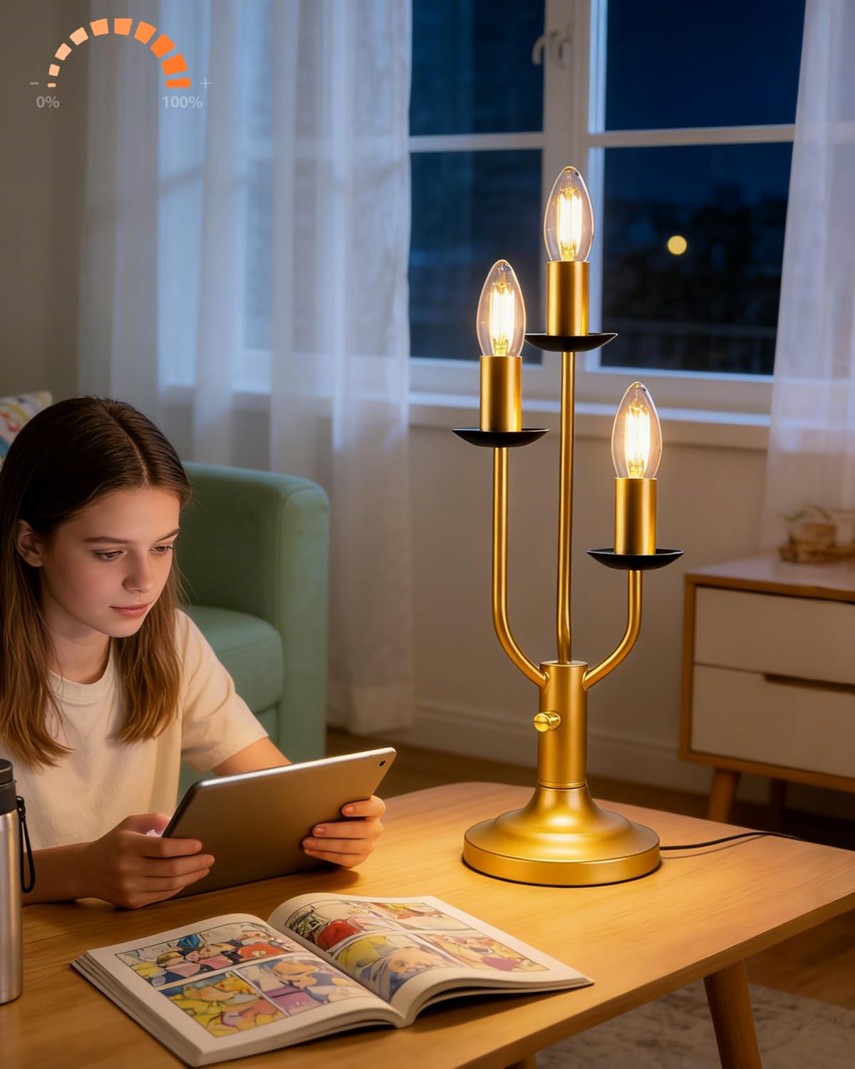 Lightdot Vintage Candle Table Lamp 3 - Light Candelabra Desk Lamp for Wedding/Party  3000K Warm White Mid Century Nightstand Lamp Dimmable Bedside Lamps for Bedroom/Dining - Gold