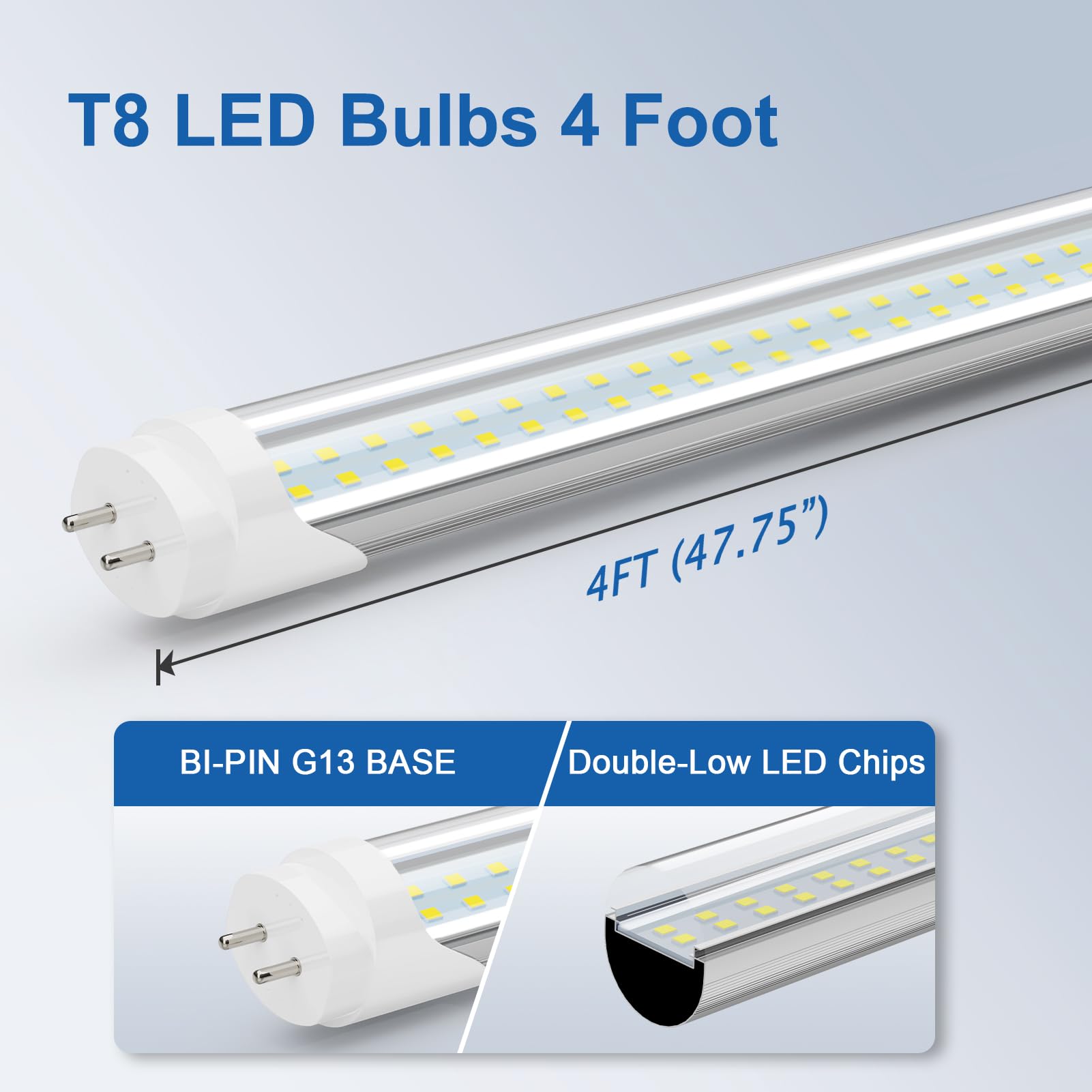 Reisener 4FT LED Light Bulbs, 24W, 3120 Lumen, 6500K Bright White, T8 T10 T12 Fluorescent Replacement, Clear Cover