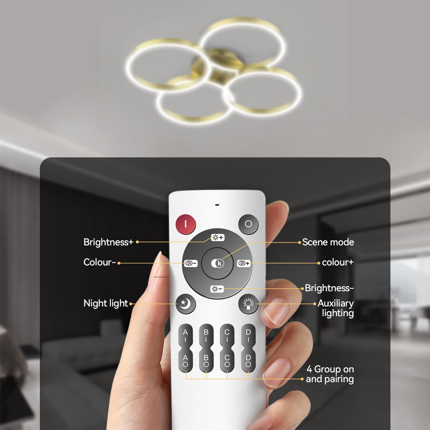 LOFIKEDI LED Ceiling Light 30W 4 Ring Dimmable 3500K-6500K Gold Flush Mount Model YF-LED2701-GLD