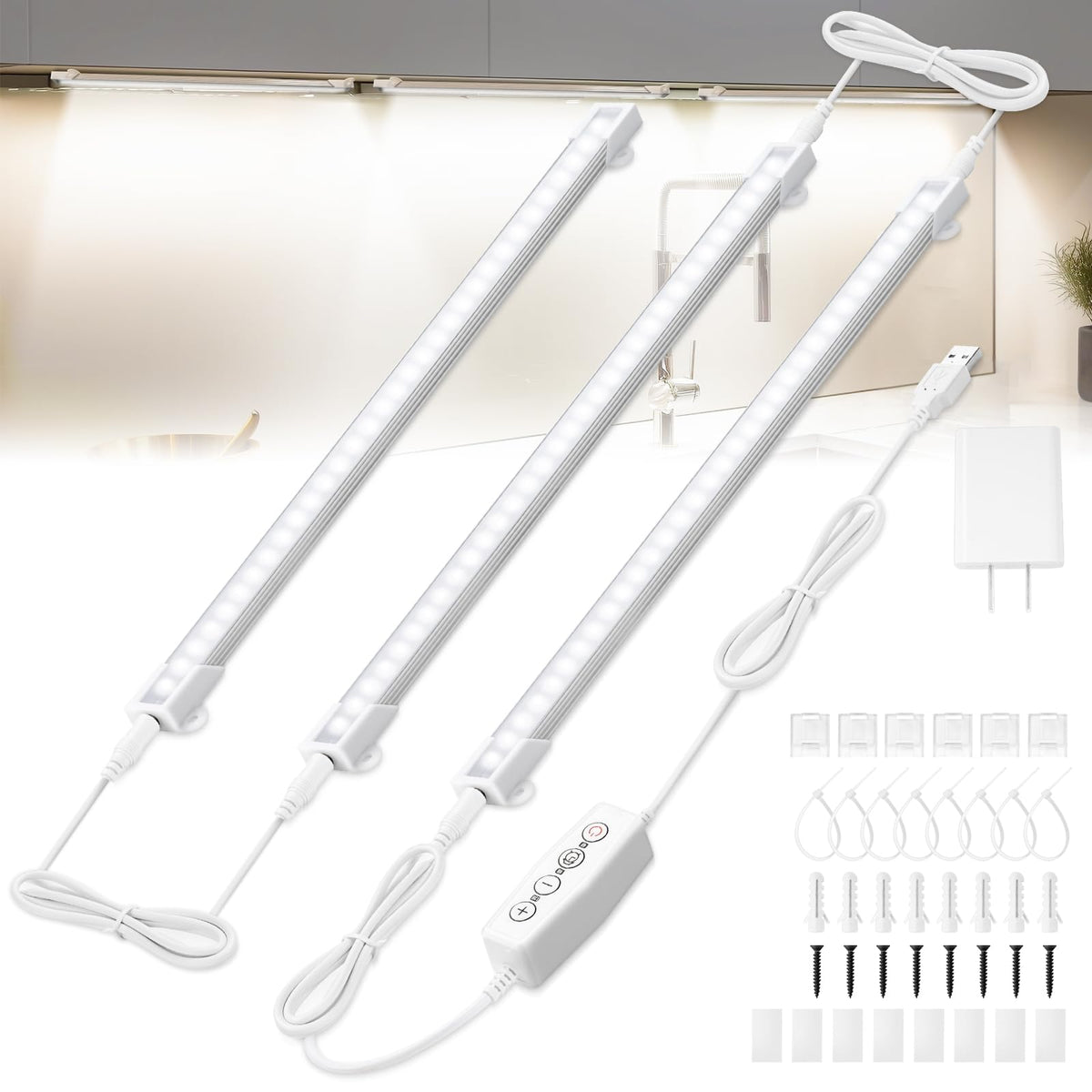 iZELL LED Under Cabinet Lighting, [3 LED] Light Strips for Kitchen Cabinets, Closet Lighting USB Plug with Wall Adaptor, Sticky/