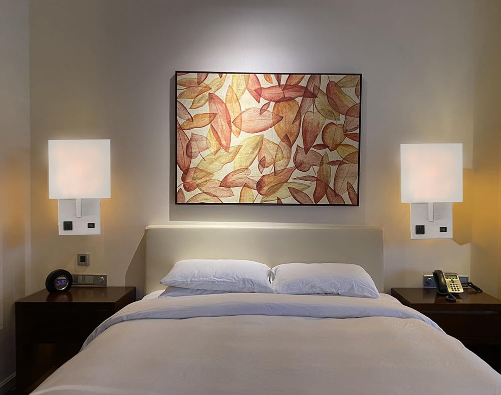 Homefocus - Bedside Wall Light With Outlet,Wall Lamp,Wall Sconces,Wall Lamp For Bedroom,Living Room,Wall Light For Home And Hotel,Metal,Satin Nickel,White Fabric Shade.