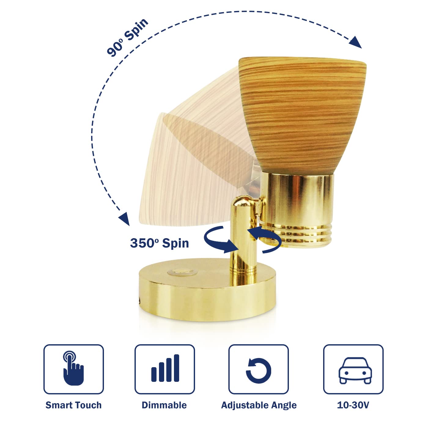 Genuine Marine 12V Gold Finish Boat Reading Light - Adjustable Warm White, Touch Switch, Surface-Mounted for RV & Caravan, 2.55 Base