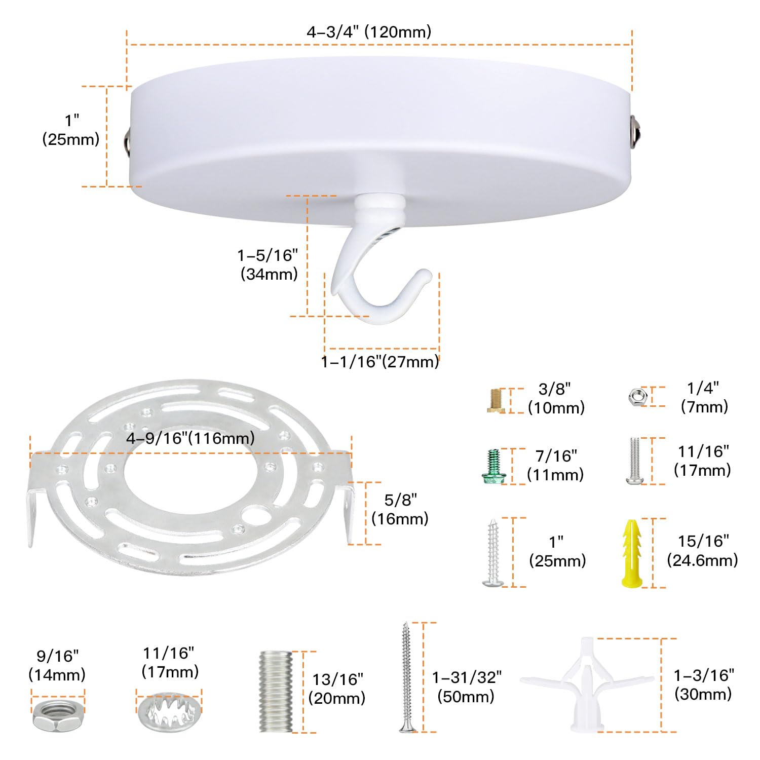 Helunsi Ceiling Canopy Kit - 4-3/4" White Aluminum Chandelier Plate, Rated 20lbs, Includes Hook, Pack of 1