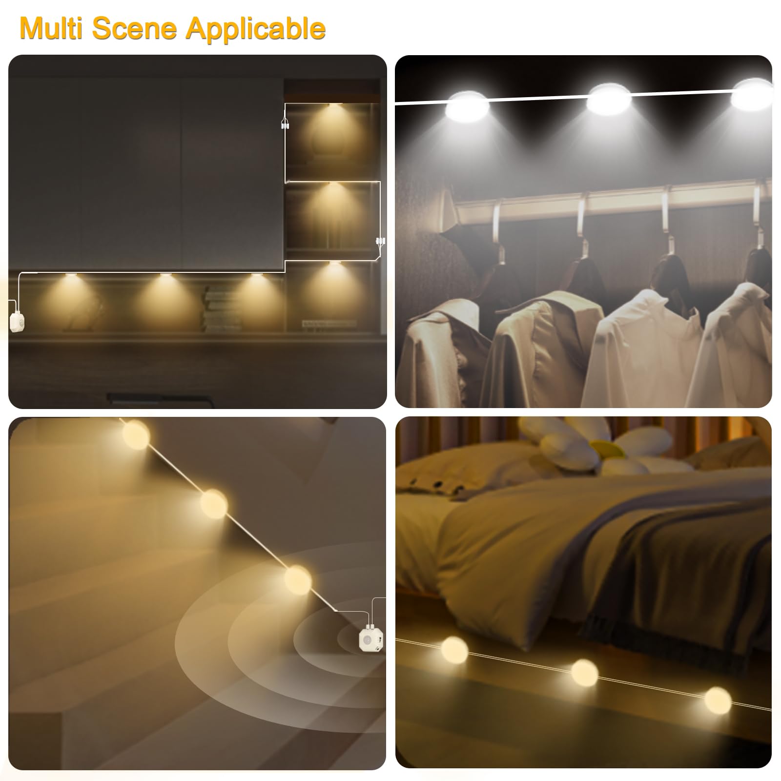 Under Cabinet Motion Sensor Lights, 3 White Color Plug-In, Indoor For Kitchen, Closet, Stairs