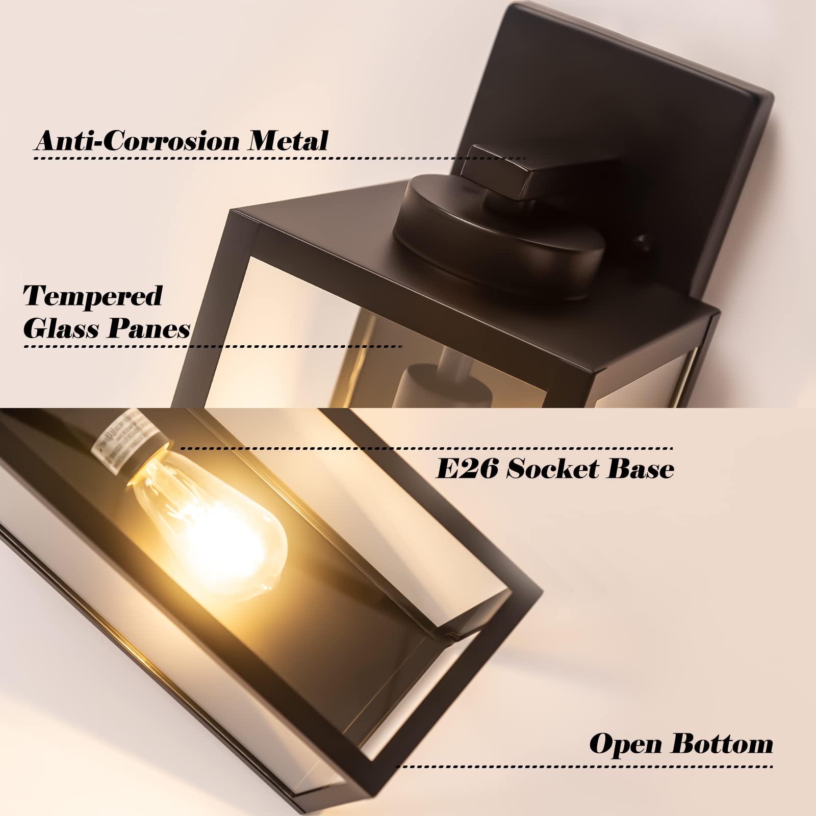 Yolsunes Outdoor Wall Light Fixture, 16in Black Metal Lantern, Waterproof, Modern Design