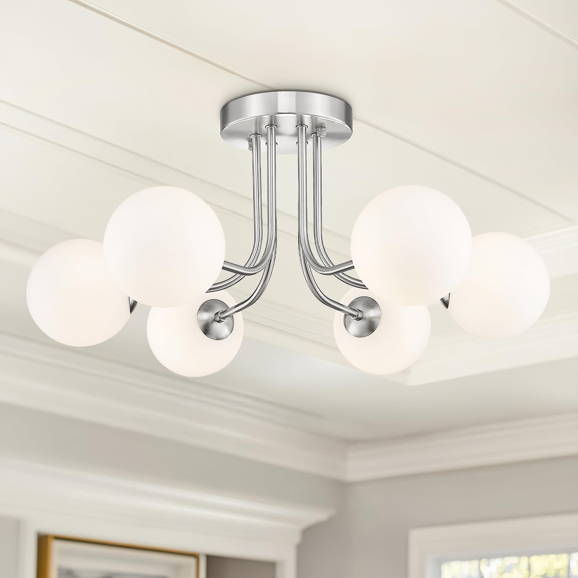 Cargifak Brushed Nickel Ceiling Light In Modern Farmhouse Design Features 6 Frosted Glass Shades, Ideal For The Living Room, Bed