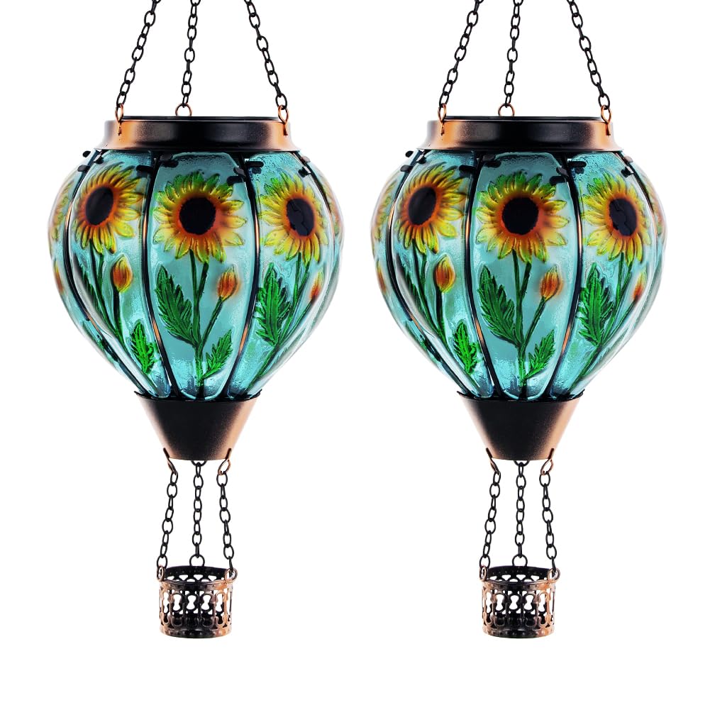 Starsoul Solar Lantern - 2 PC Hot Air Balloon with Flame Glass, Waterproof Sunflower Color - Outdoor Garden Decoration