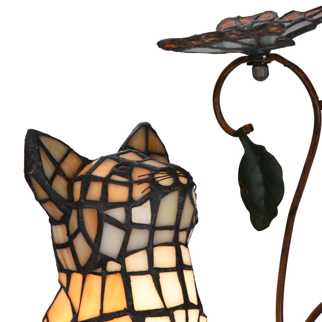 Bieye L10891 Tiffany-Style Stained Glass Cat Accent Table Lamp - Adorable Orange Cat Watching A Butterfly - 10-Inch Tall