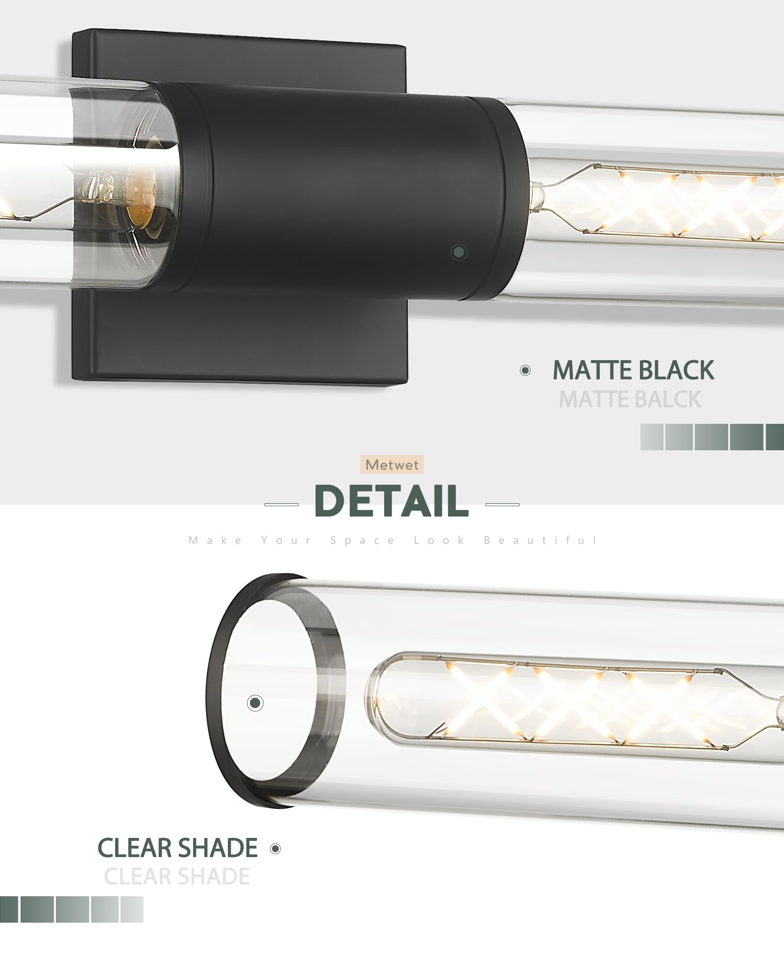 METWET Bathroom Vanity Light Fixtures, Matte Black Wall Lights in Clear Glass Indoor Wall Sconce, Modern Wall Light Up and Down