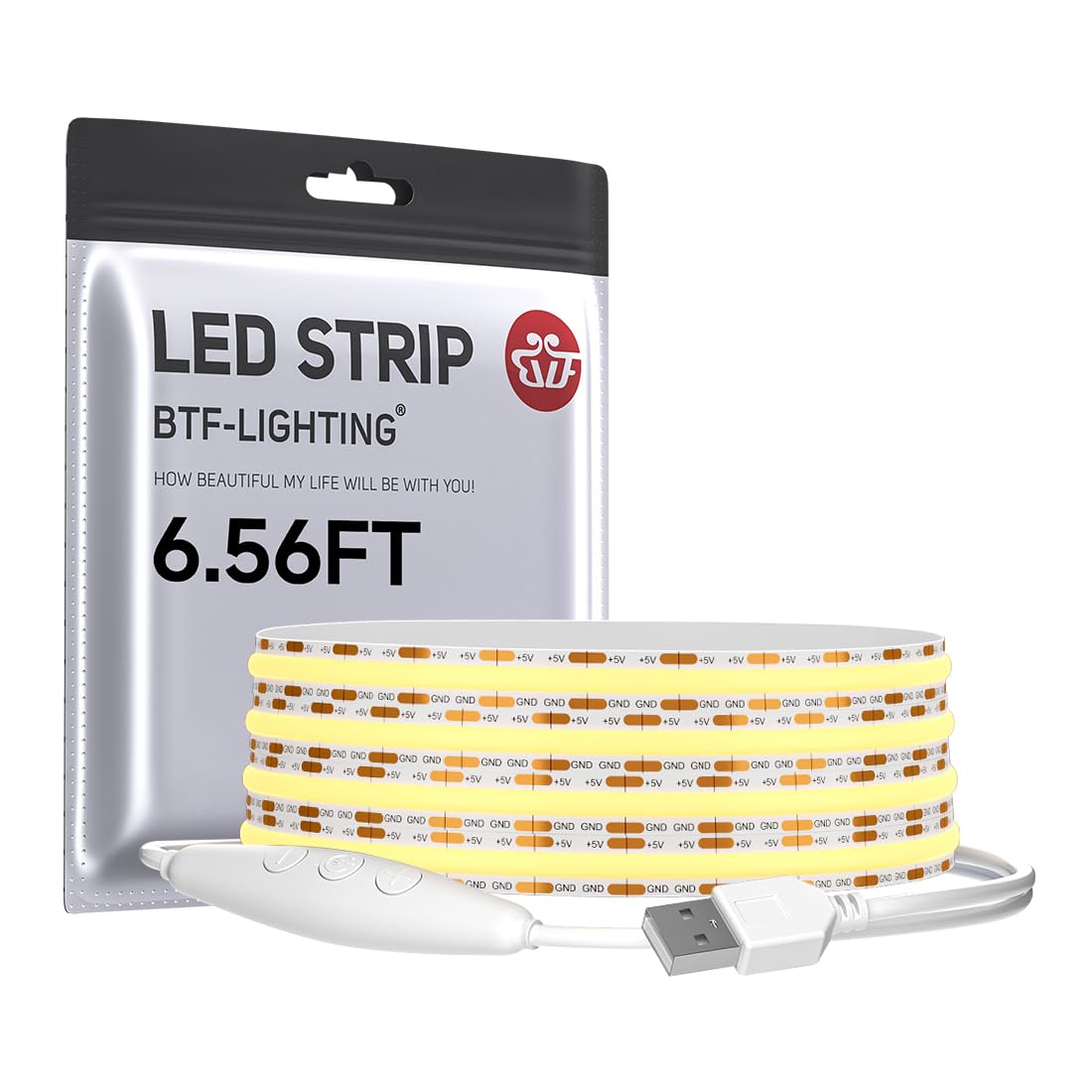BTF-LIGHTING FCOB COB FOB LED Band Lights 5V USB Powered 6.56FT 640LEDs Warm White 2700K 8mm Width Dimmable CRI 90+ with 3M Tape Flexible High Density for 3D Printer TV Backlight PC DIY Decor