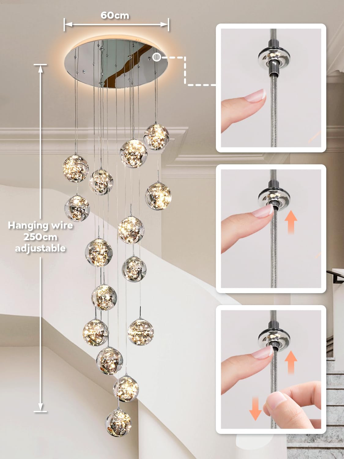 KAUCQI 15-Light LED Chandelier, Adjustable 23"W x 100"H, Gray Metal Crystal Fixture for High Ceilings and Entryways, Model 250CM
