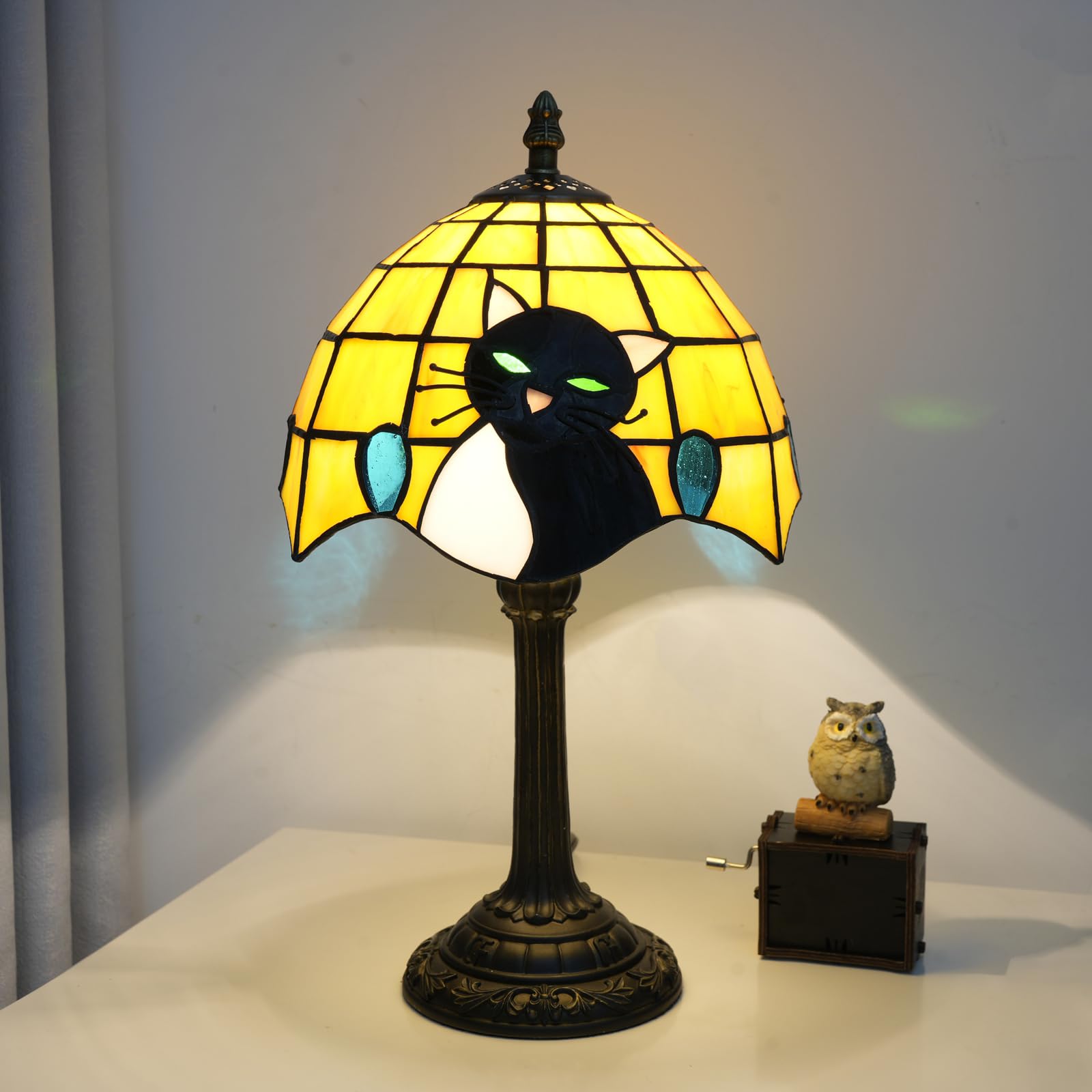 8inch Black cat Pattern Small Tiffany Lamp Stained Glass Table Lamp Cute Unique Bedside Nightstand Light Living Room Dining Room