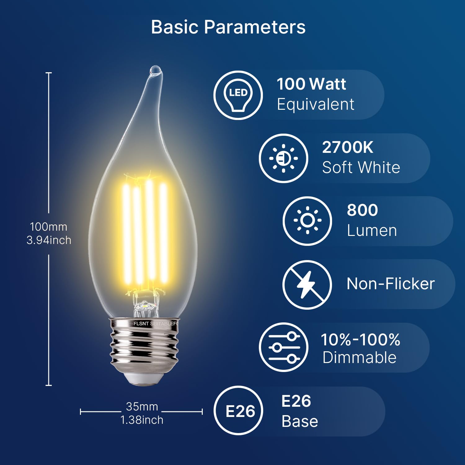 Flsnt 2700K Soft White Led Chandelier Edison Bulbs, 100W Equivalent, Dimmable Ca11 E26 Base Led Candelabra Bulbs, 800Lm, 6 Pack