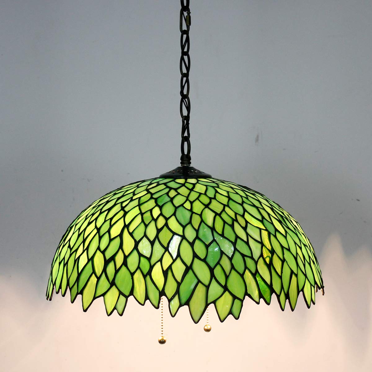 Werfactory Tiffany Pendant Light Fixture, 16 Wide, 40 Height, Green Wisteria Stained Glass, Large Hanging Lamp, S523 Series