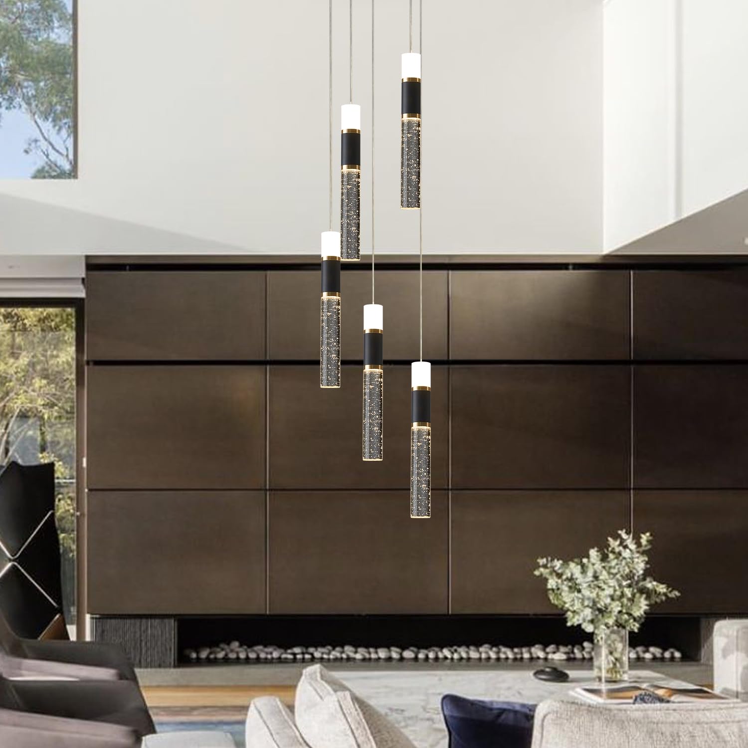 EMBRING 5-Light Pendant Light Fixtures, Dimmable Modern LED Chandelier, Black and Gold, Classic Style, Model SW001-StDBykl-bg-5light