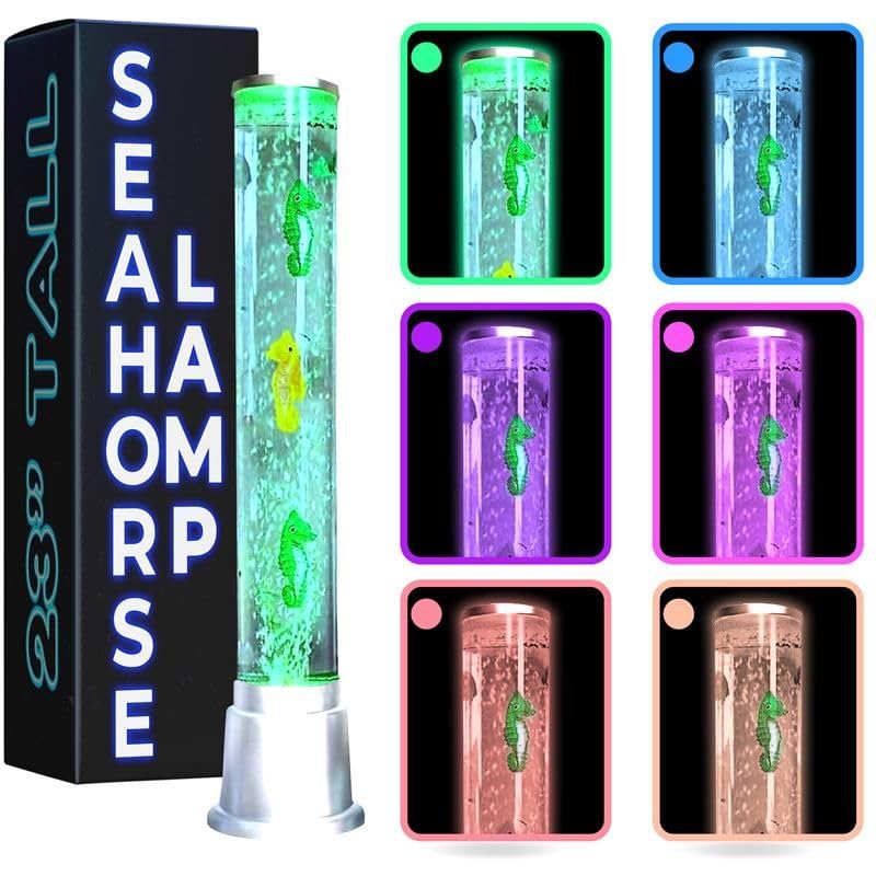 Seahorse Bubble Lights Lamp with 6 LED Automatic Color Changing Night Light with Moving Fake Fish Tank Tower Sensory Tubes Fish 