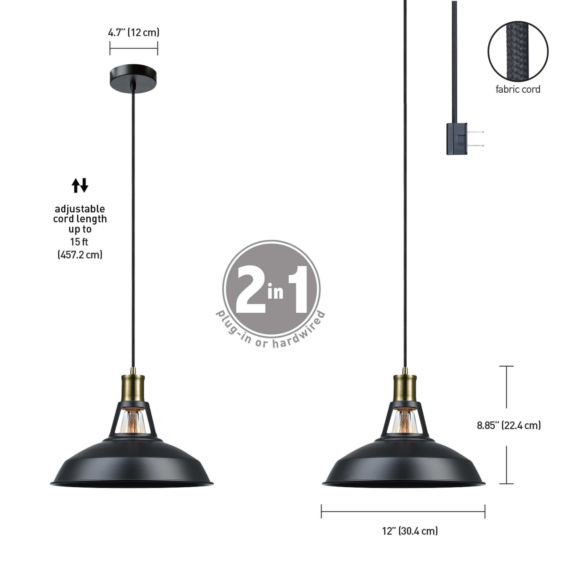 GLOBE Electric 65712 1-Light Pendant, Satin Black & Antique Brass, 15ft Cord