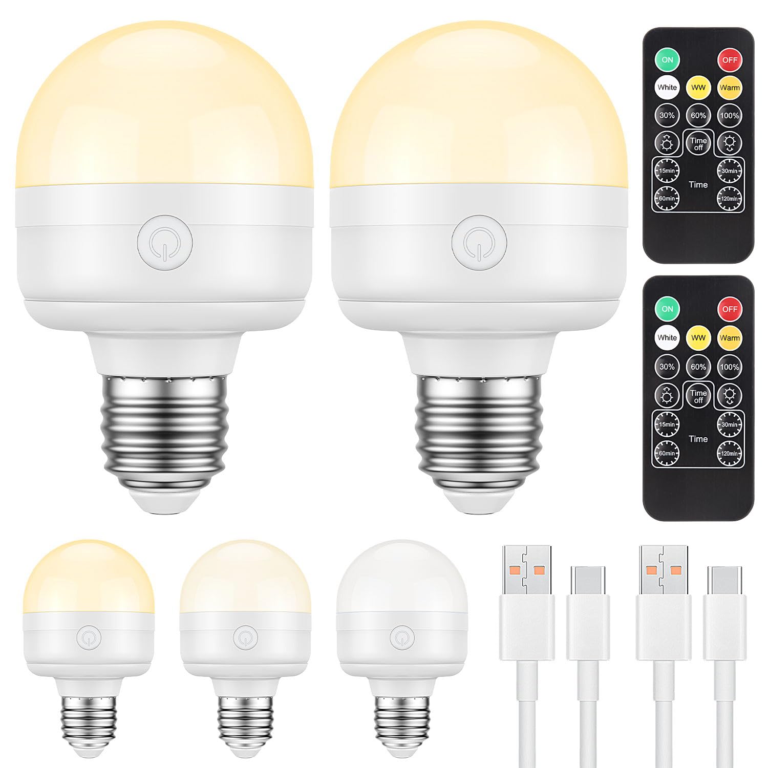 SCOPOW Brighter E26 Rechargeable Light Bulbs with Remote Control Timer and 3 Color Temperature 600LM Magnetically Battery Operated Light Bulbs Dimmer for Non-Hardwired(8W+E26+3Colors+2PC)