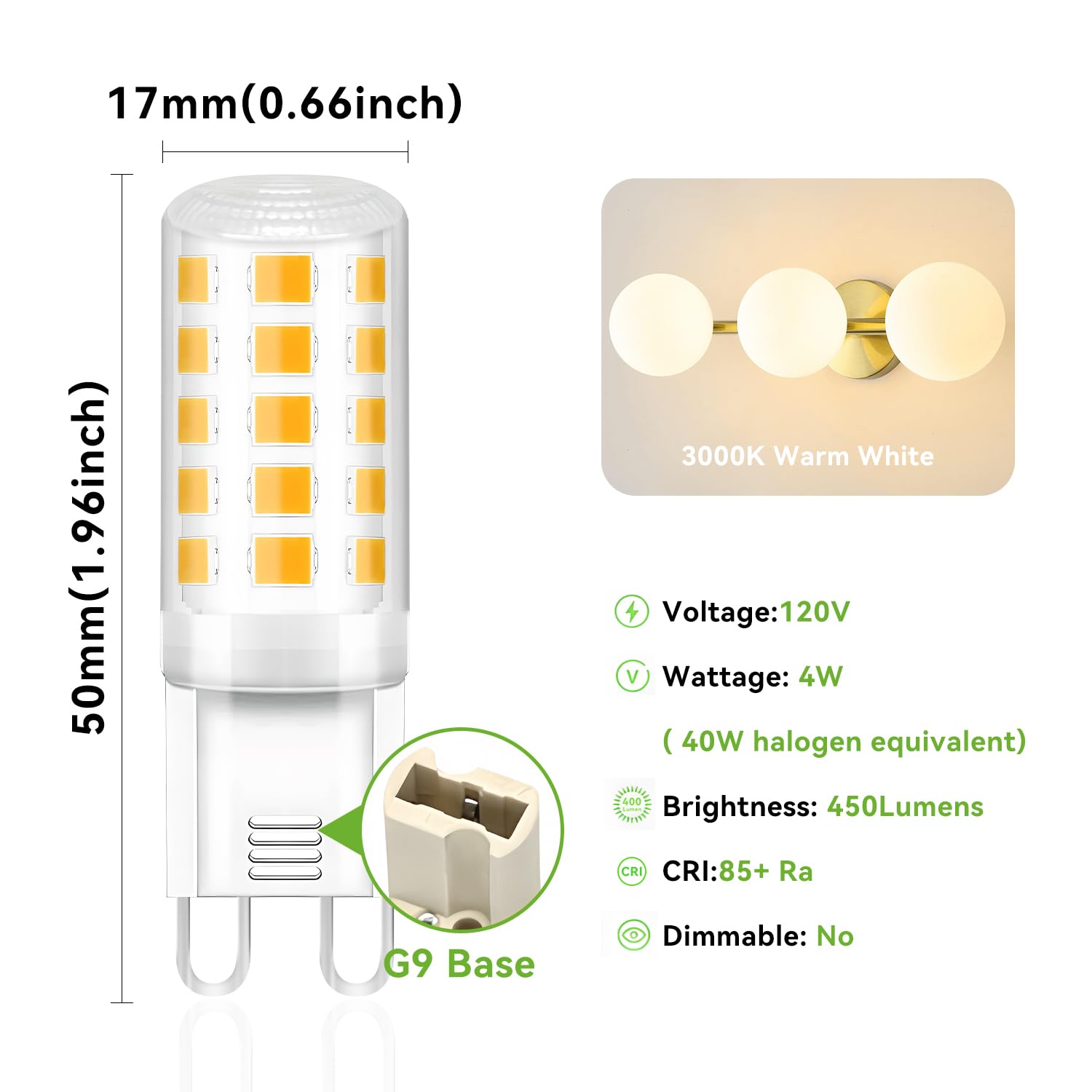 Tjoy 6 Pack G9 Led Bulb 4W Equivalent 40 Watt, Replacement G9 Halogen Light Bulb, 3000K Soft Warm White, T4 Bi-Pin Base, Small G