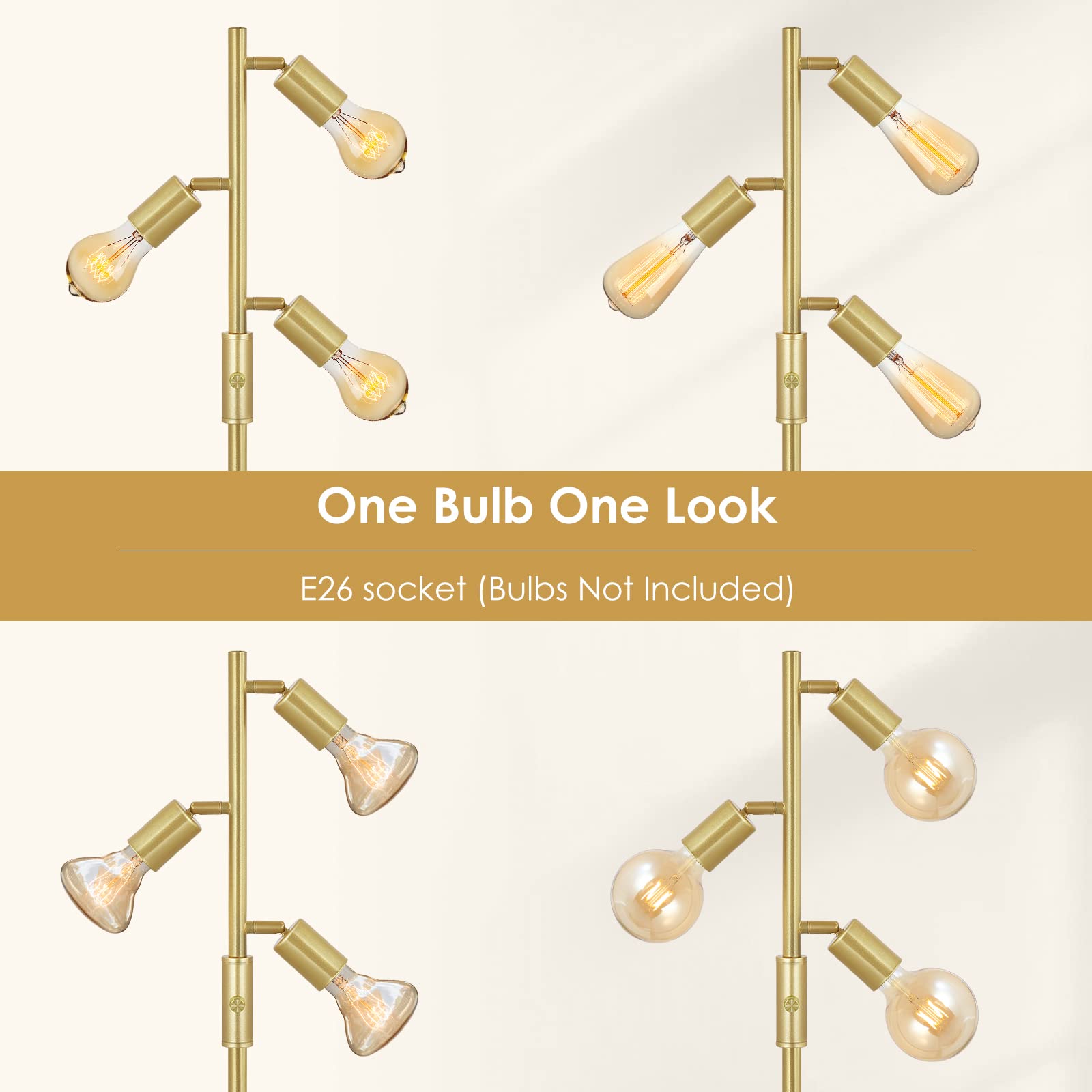 Boostarea Tree Floor Lamp, Brass Gold Industrial Floor Lamp, Modern Standing Lamp With Adjustable 3 Light, E26 Socket, Rotary Sw