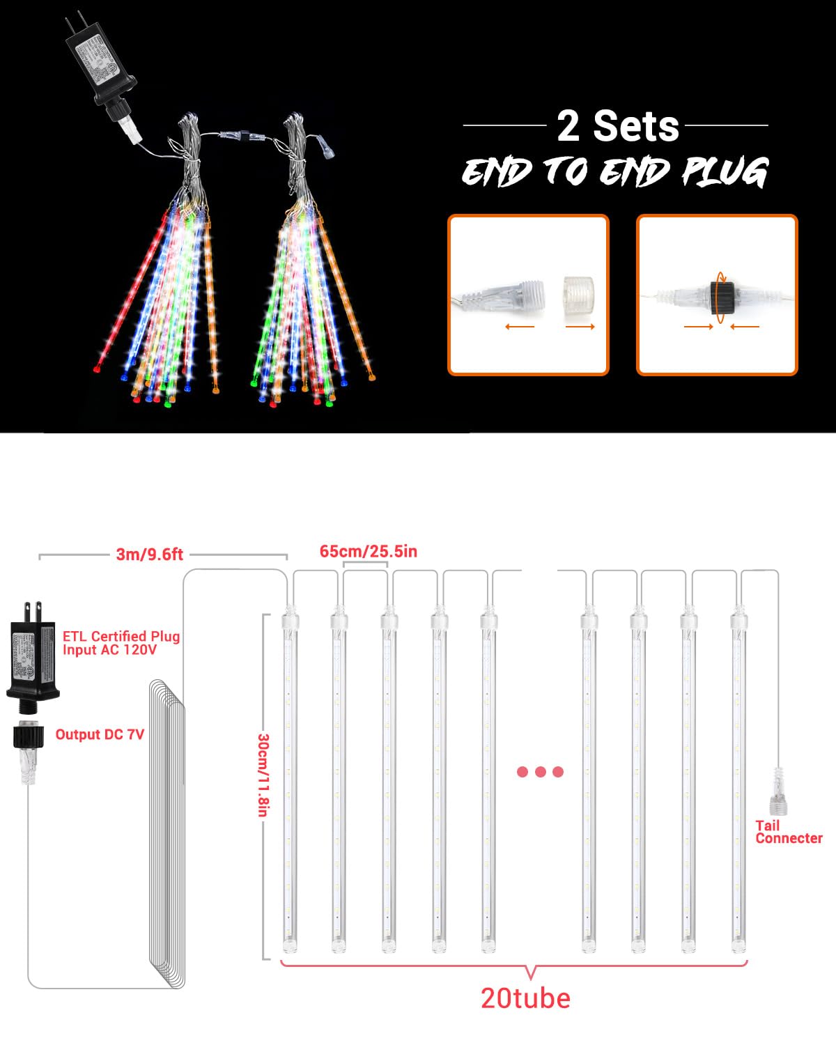 Flacchi 20 Tubes Meteor Shower Icicle Lights, 480 Led Multi-Colored Raindrop Lights With Timer For Holiday Party & Christmas Decor