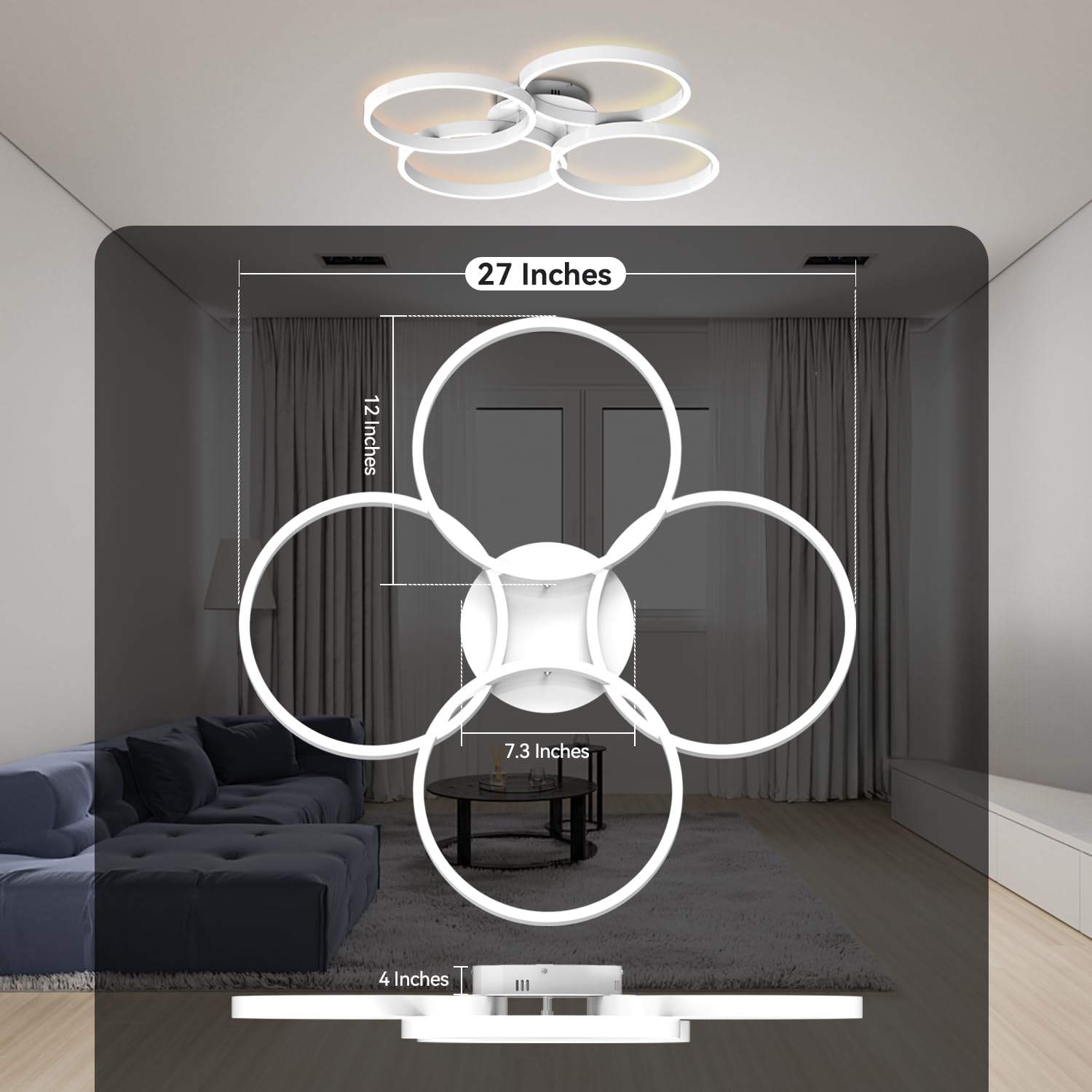 Lofikedi 30W Modern Led Ceiling Light, 27 Inch 4 Ring Design, 3500K - 6500K Dimmable, 1500Lm - 3000Lm, Flush Mount, For Kitchen,