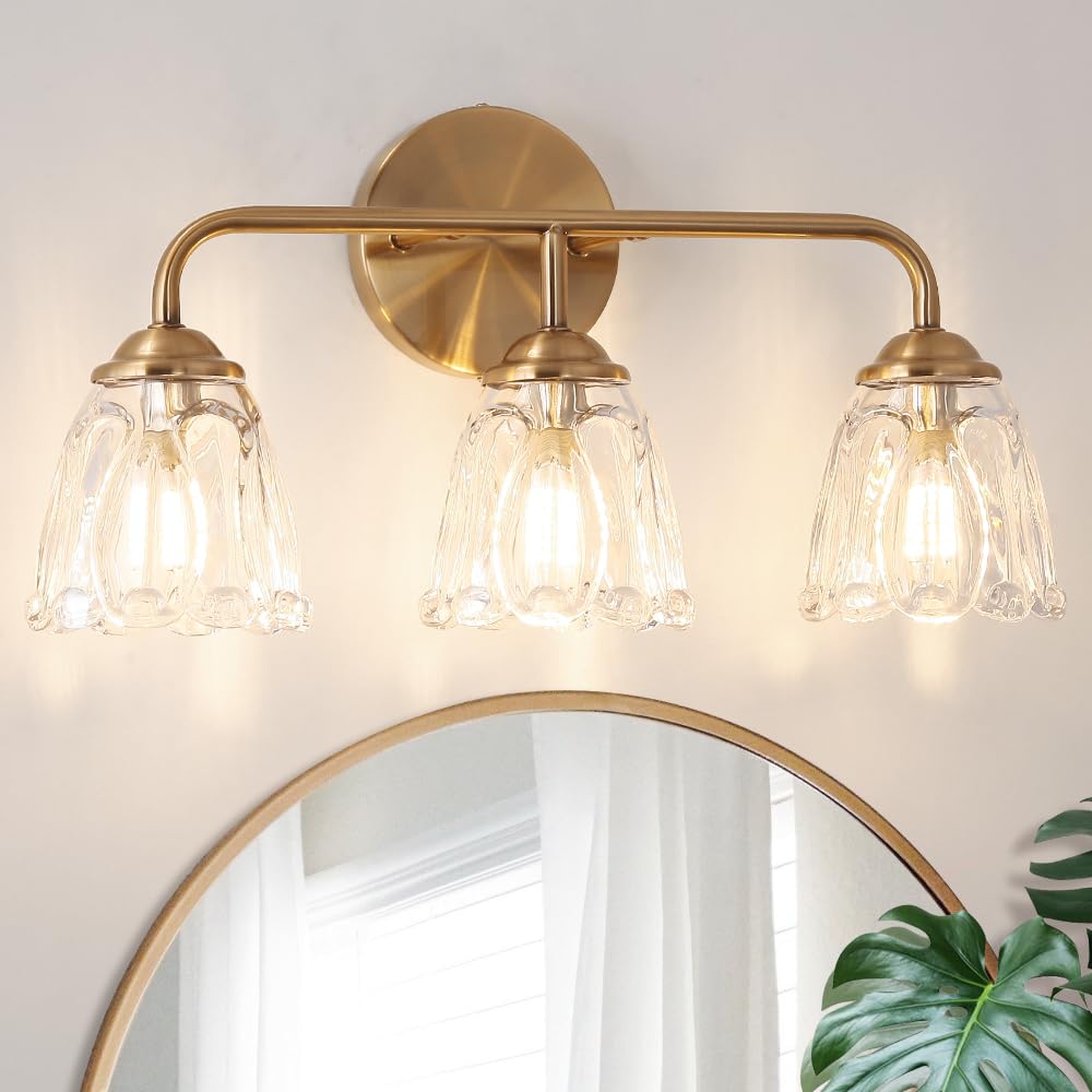 Daunton 3-Light Bathroom Vanity Light Gold  Vintage Vanity Light Fixtures Over Mirror  Brass Bathroom Light With Flower Glass Shade  Art Deco Wall Sconce Lighting For Bedroom  Living Room