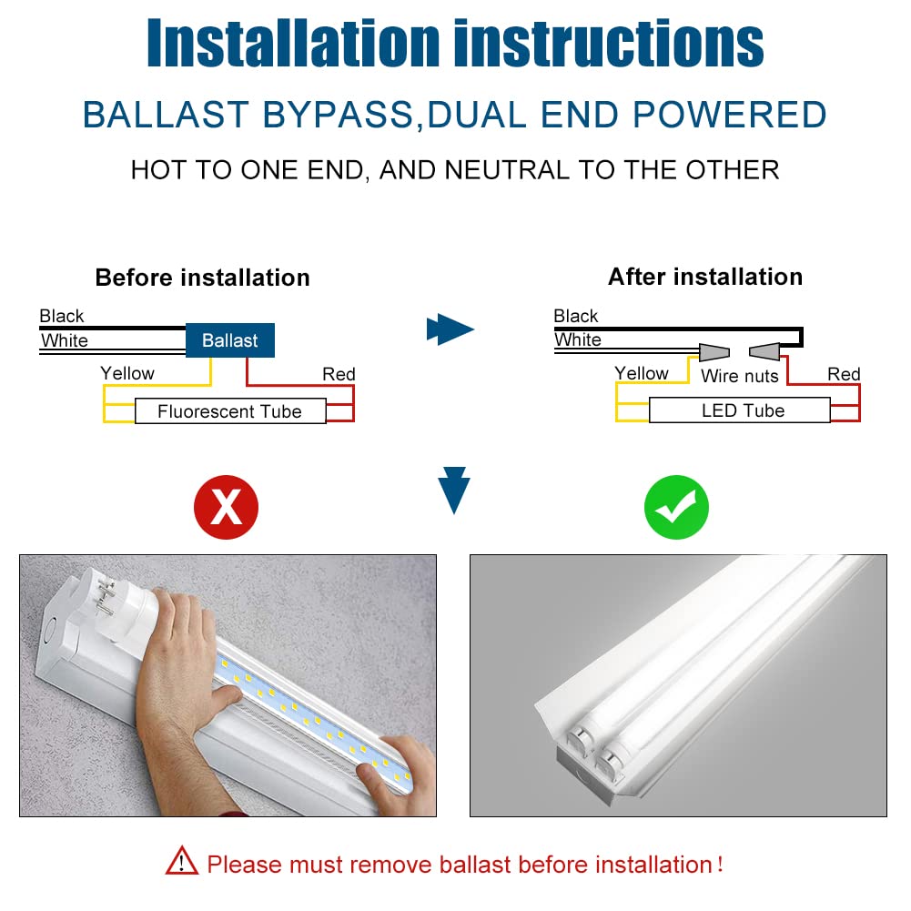 JESLED 4FT T8 LED Tube Light Bulbs, 24W, 5000K Daylight, 3000LM, Ballast Bypass, Clear, 12-Pack