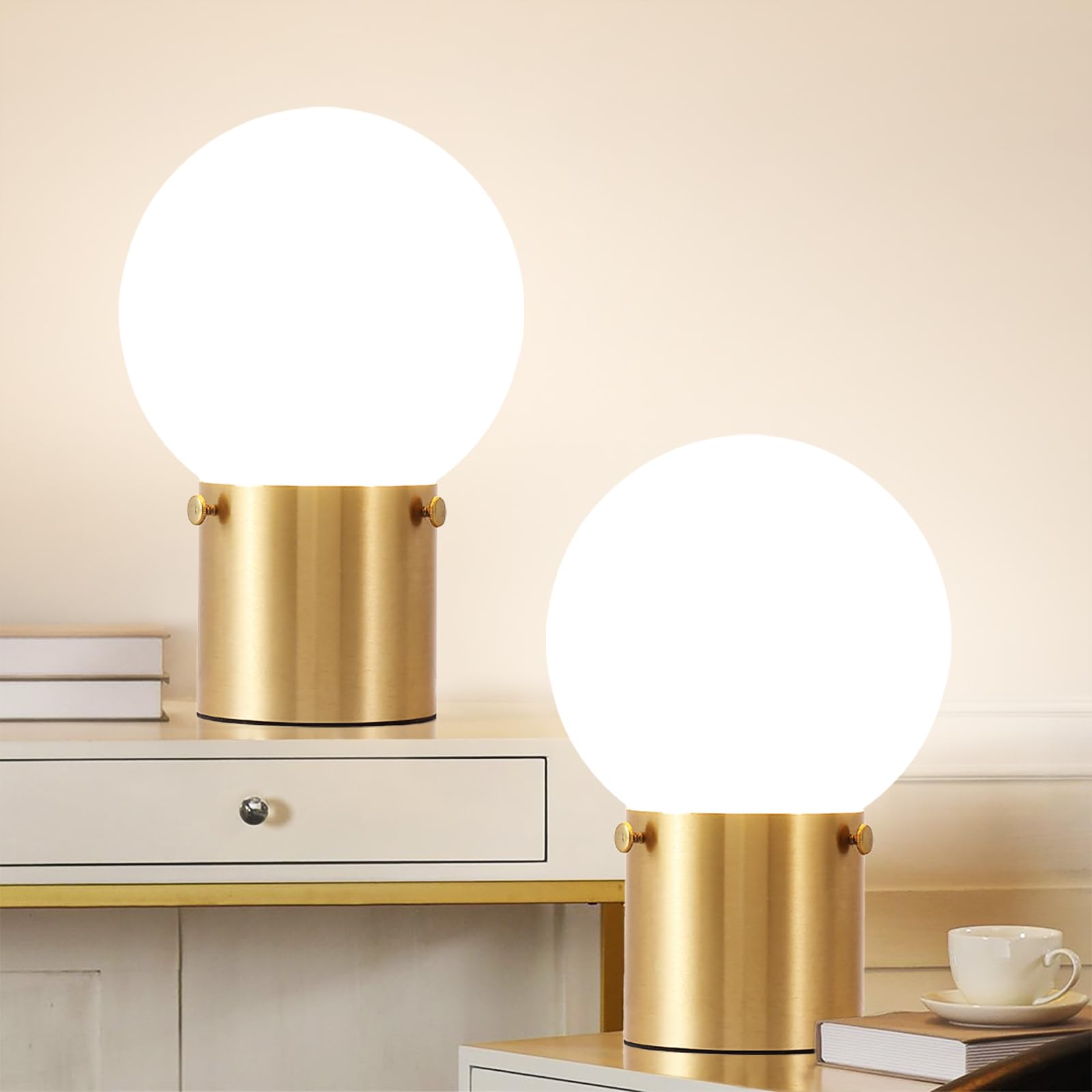 Somniferous Gold Table Lamps Set Of 2, Small Bedside Lamps With Frosted Glass Globe Shade, Mid Century Modern Lamp, Nightstand Lamps For Bedroom Living Room Dorm, E26 Bulb (Not Included)