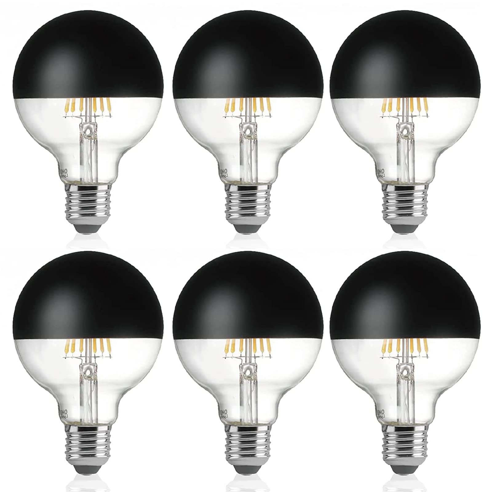 Omed G80 Anti Glare Half Black Chrome Dimmable Led Light Bulbs 6 Pack, E26 2700K Soft White Globe Dipped Edison Bulbs, 6 Watt 60