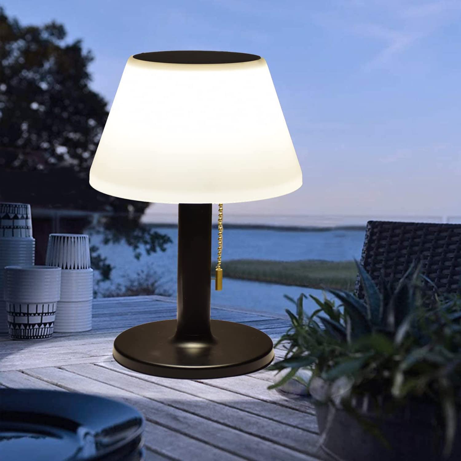 Shumi Solar Table Lamp Outdoor Indoor - 3 Lighting Modes, Eye-Caring Led Cordless Waterproof Solar Desk Lamp With Pull Chain For