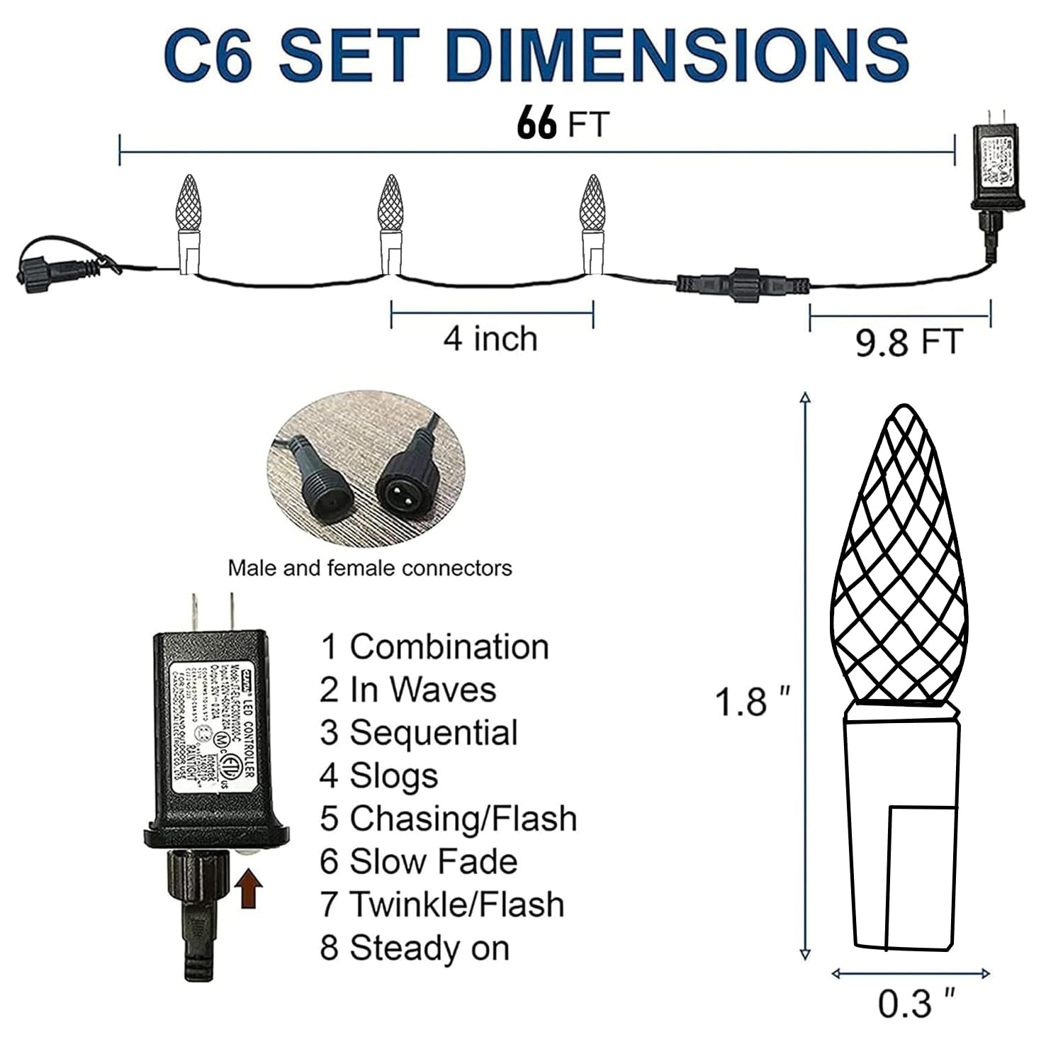 Dazzle Bright C6 Christmas String Lights, 200 LED, 66 FT, Waterproof, 8 Modes, Blue, Model HB-300COI