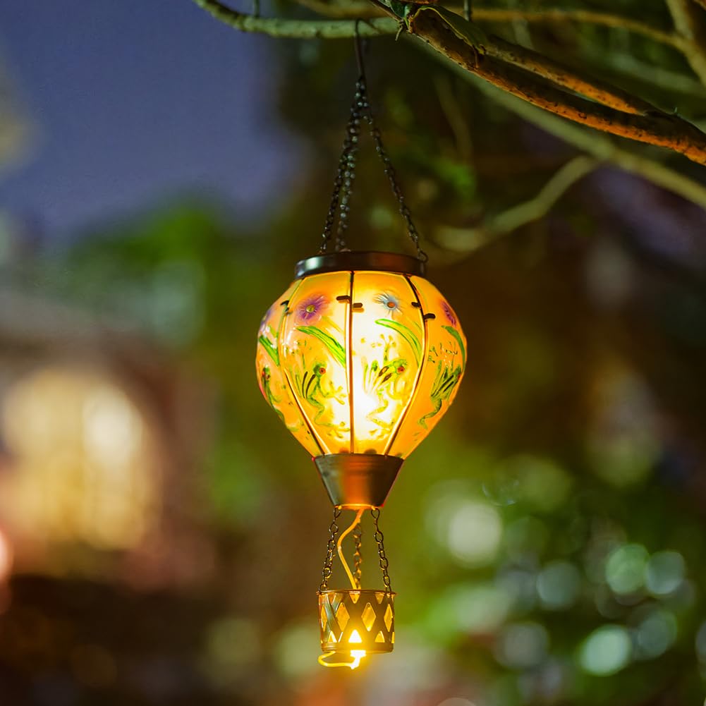 Starsoul Frog Hot Air Balloon Solar Lantern With Candle Holder Glass Outdoor Solar Hot Air Balloon Flickering Flame Lamp Hanging