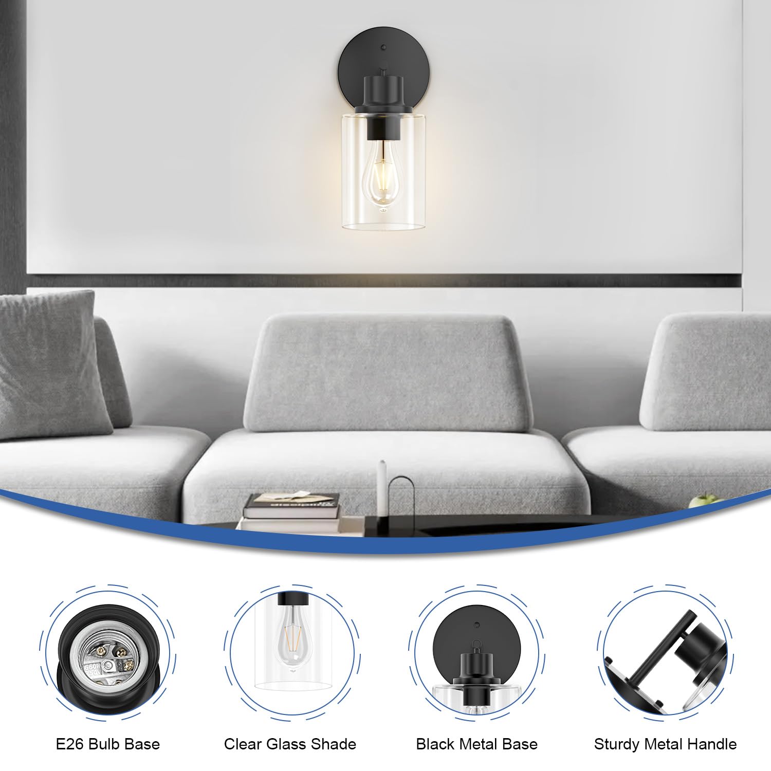 Gordnwe 1-Light Bathroom Wall Sconce, Matte Black Vanity Light, Modern Wall Light Fixture With Clear Glass Shade And E26 Bulb Ba