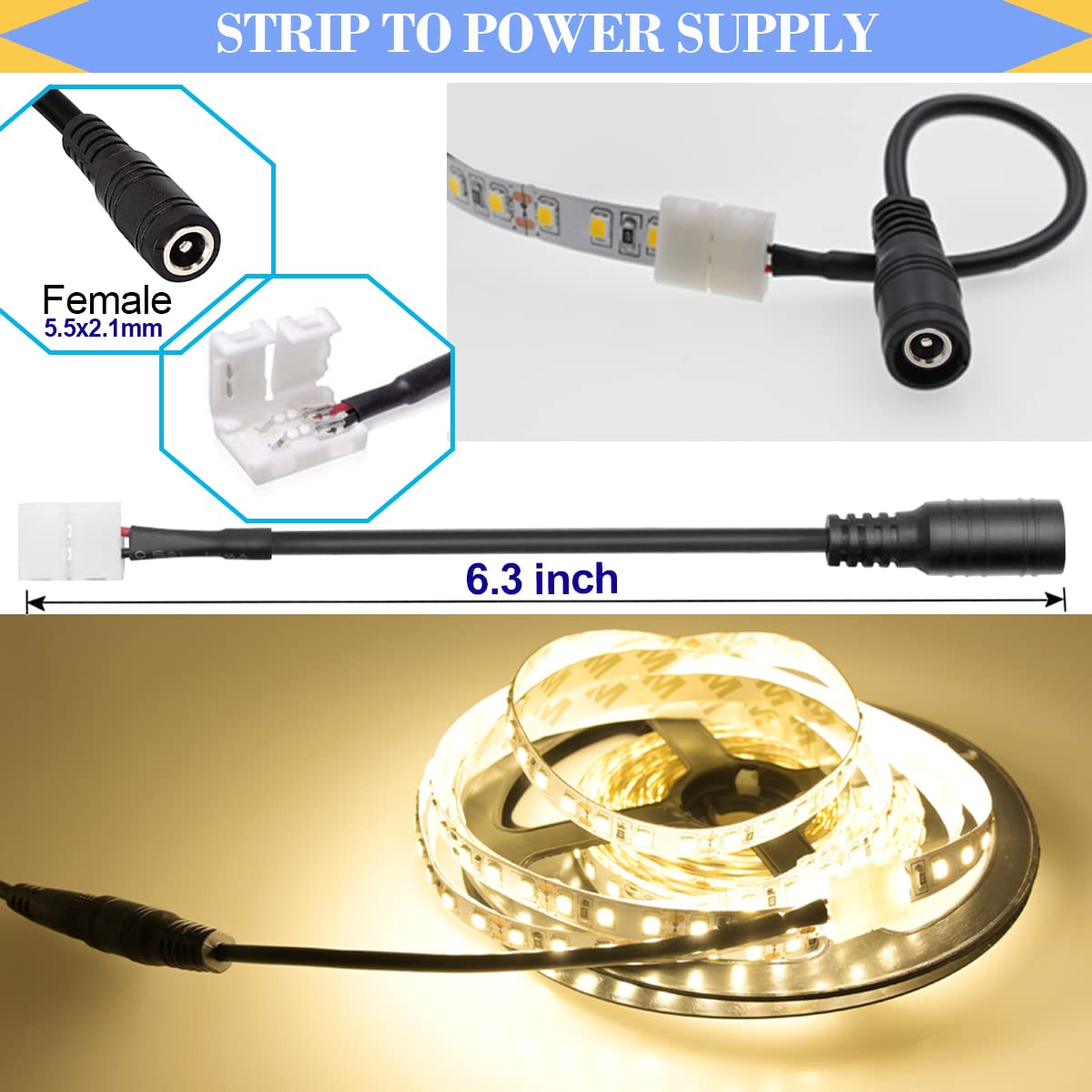Nisico 2 Pin Led Strip Connector,Include Solderless Connectors,Dc Connector And 2 Way Splitter For 8Mm 3528/2835 Led Strip Light