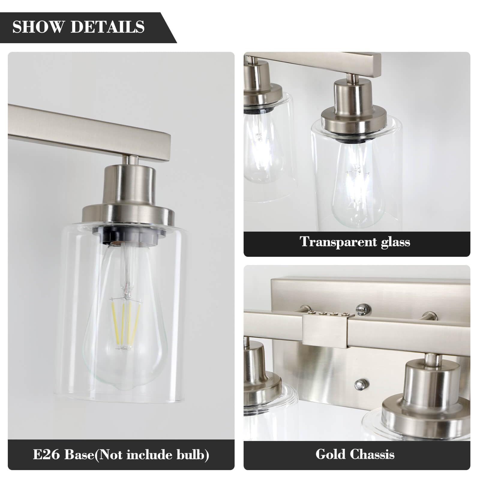 DIKAIDA Bathroom Vanity Light, 4-Light Nickel Metal Wall Sconce with Clear Glass Shade, Model NS-4