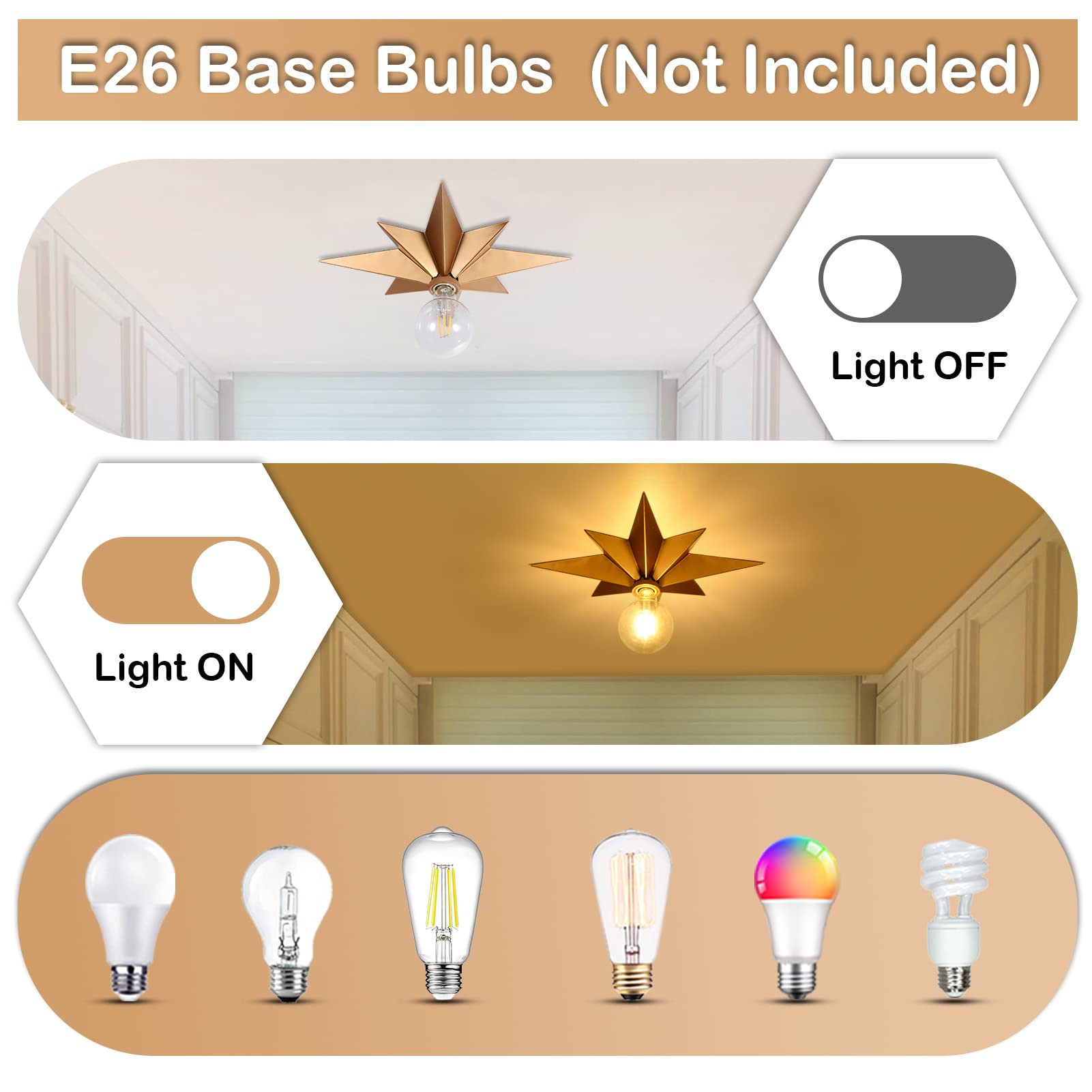 Airposta 16 Inch Flush Mount Ceiling Light, Gold Metal Star Fixture For Hallway, Entryway, Bedroom, Kitchen, Bathroom