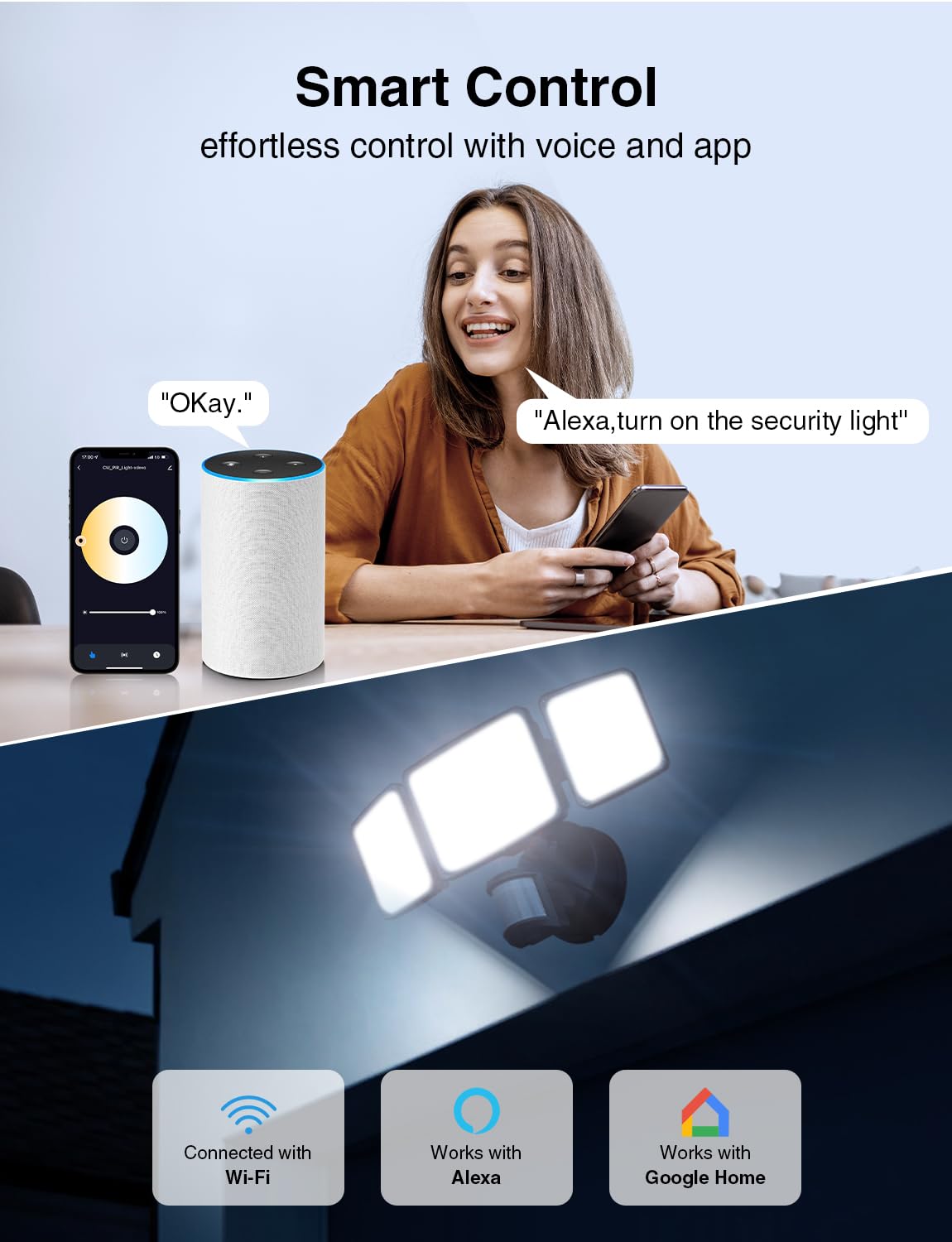 Onforu 100W Smart LED Security Light - Motion Sensor, 9000LM, WiFi, 3 Adjustable Heads, IP65, Black, Model BDB100WF-3